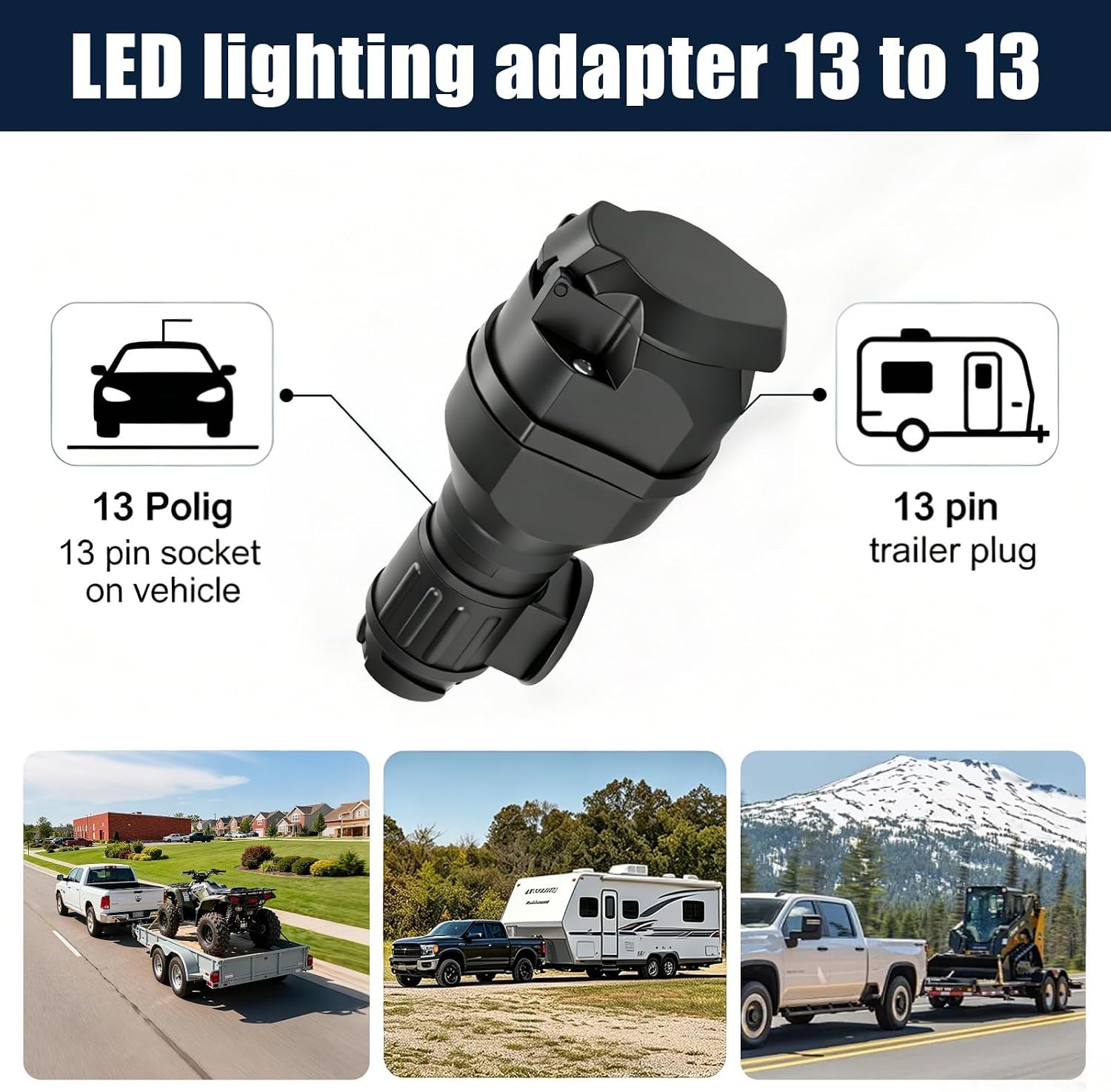 Anhänger Stecker 13 Polig auf 13 Polig Anhängeradapter 12V Steckdose 13polig - Stecker 13polig mit LED-Beleuchtung Anhängersteckerbuchse für Anhänger, Wohnmobile, PKW, Wohnwagen