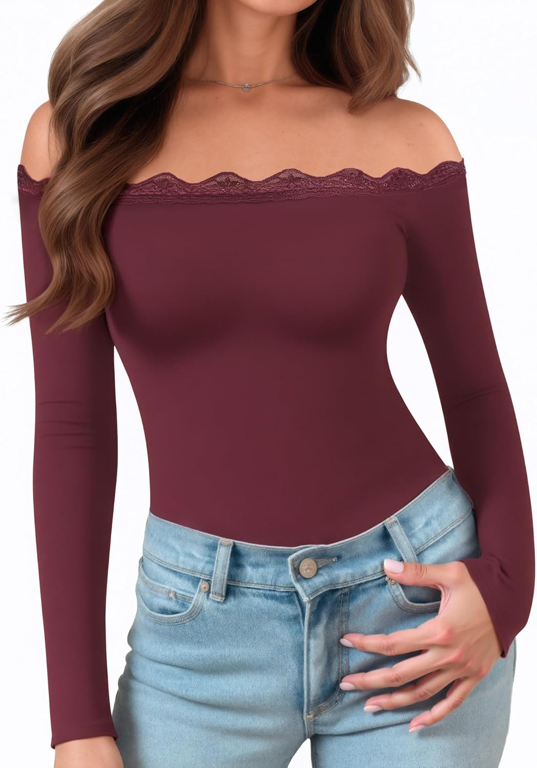 MANGOPOP Women's Off The Shoulder Long Sleeve Bodysuit Lace Body Suits Sexy Tops Fall Outfit 2025 - Image 2