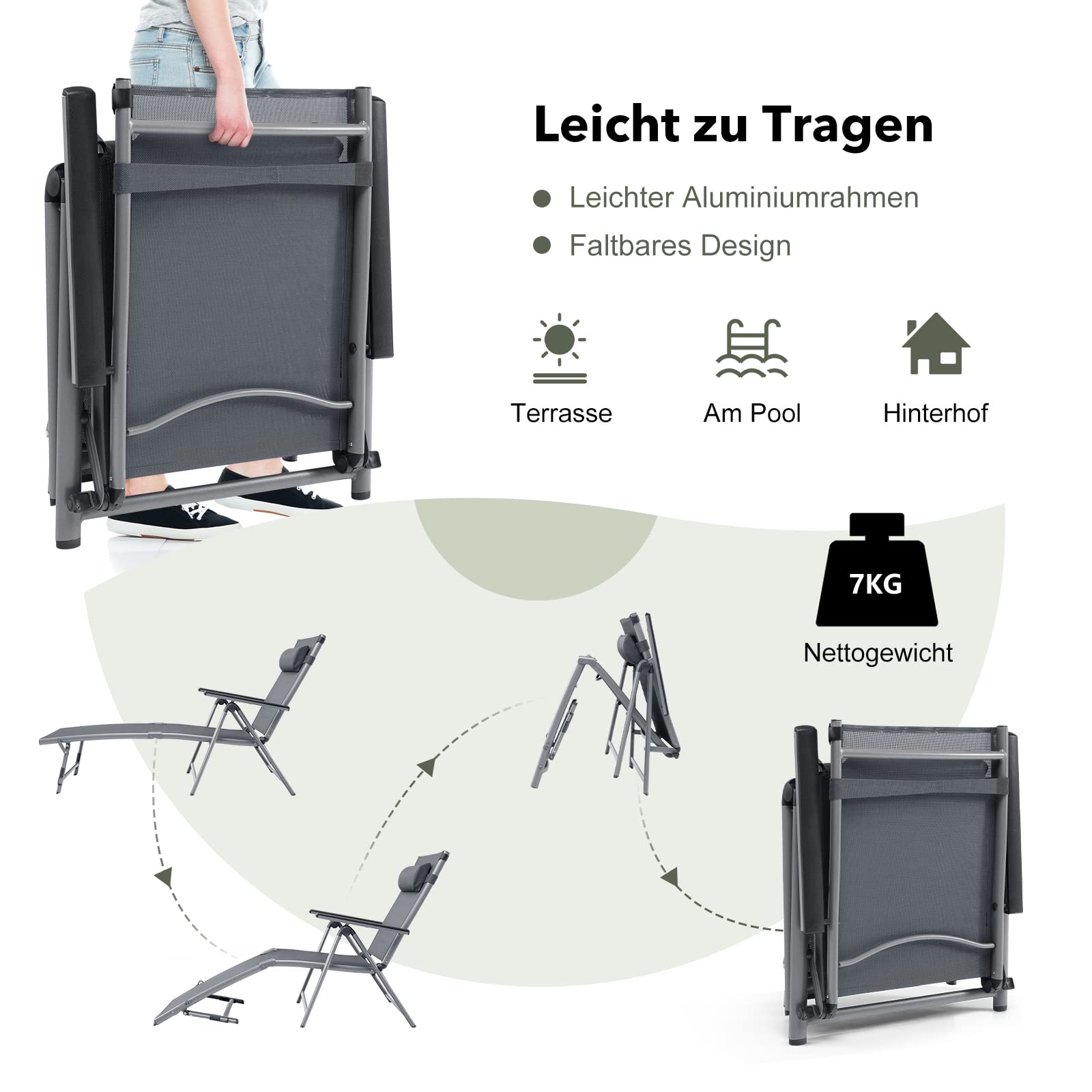 COSTWAY Sonnenliege klappbar, Aluminium Gartenliege mit Verstellbarer Rückenlehne & Fußteil, Kopfkissen, Armlehnen, Liegestuhl mit schnell trocknendem Stoff, Klappliege für Garten, Balkon, Terrasse