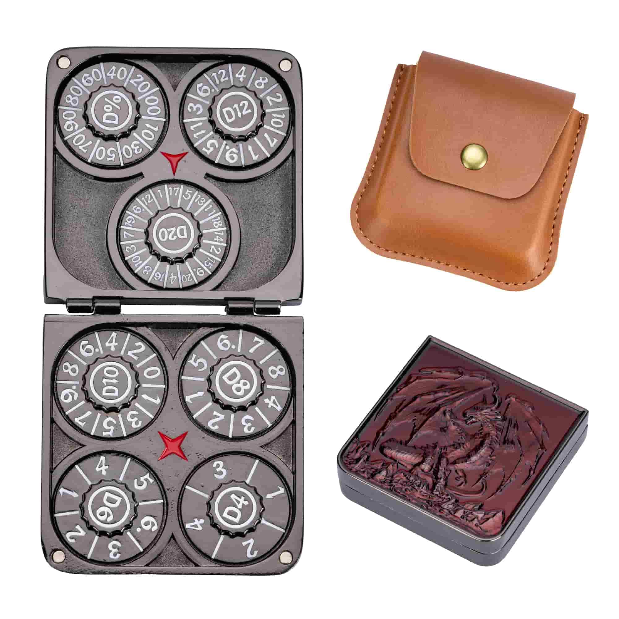 cusdie 7-in-1 Foldable Spinner Metal DND Dice Set with PU Leather Bag – Compact Design with D4, D6, D8, D10, D12, D20, D% for Role Play Game Gifts