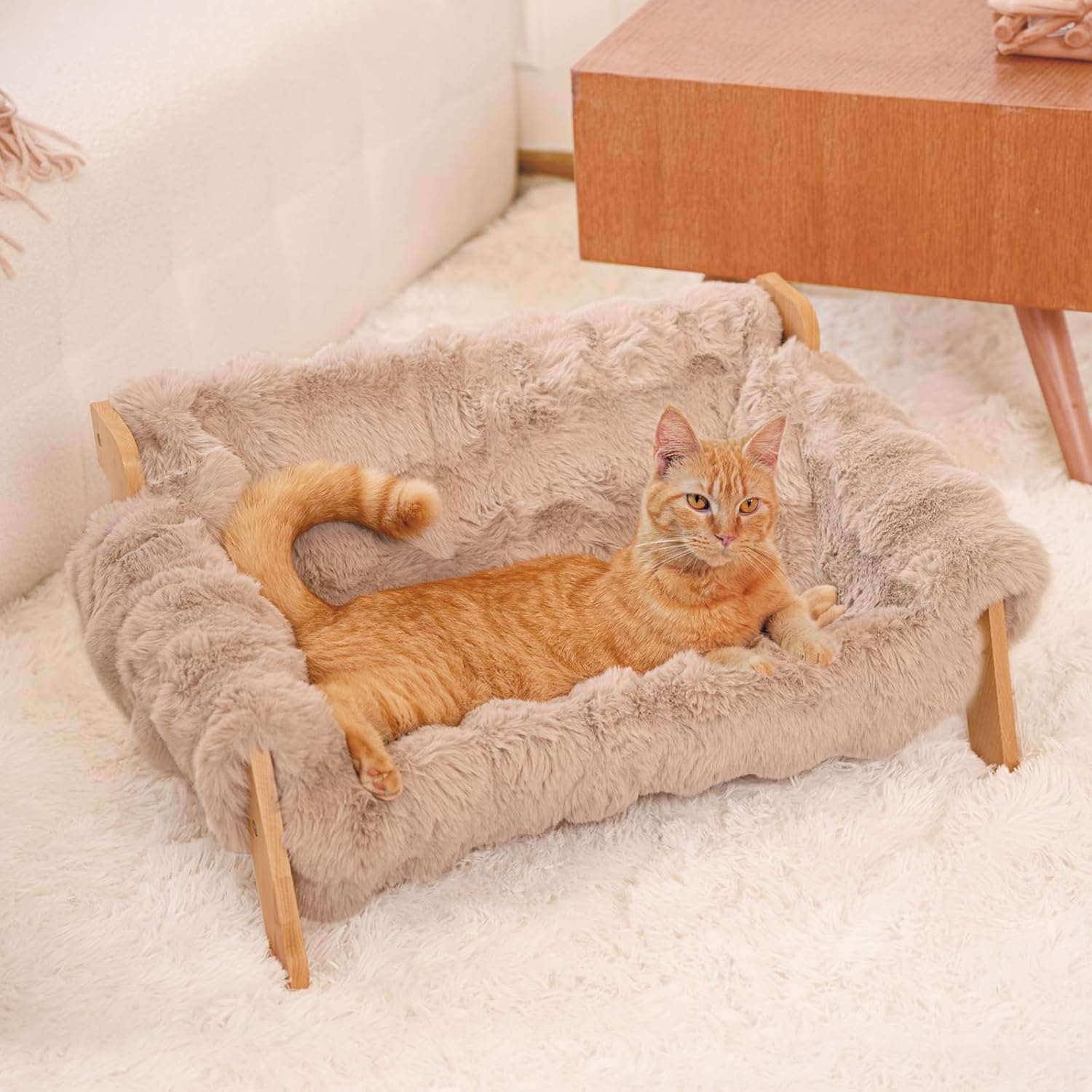 CHEERHOME PETS Elevated Cat Couch Bed for Indoor Cats, Wooden Cat Sofa with Removable Washable Fluffy Cover Raised Kitty Lounge Chair Suitable for Puppy(Cat Sofa,Khaki-Light Gray)