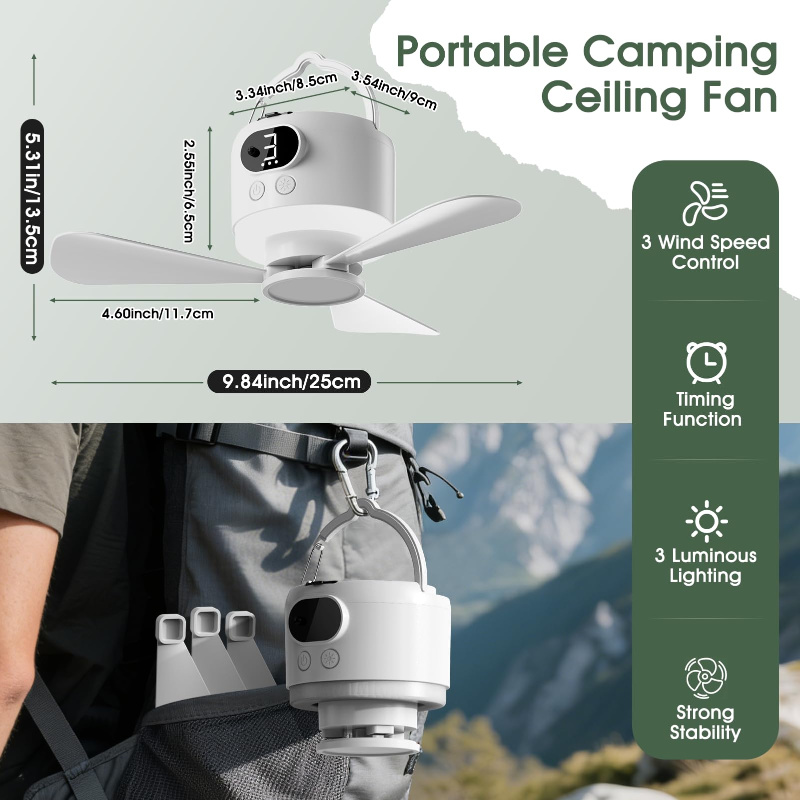 Ventilatore da Campeggio con Luce LED, 10400 mAh Ricaricabile tramite USB Ventilatore per Tende da Campeggio, Autonomia di Funzionamento 8-36 Ore, Telecomando, 3 Velocità, 3 Livelli di Luminosità, Pal