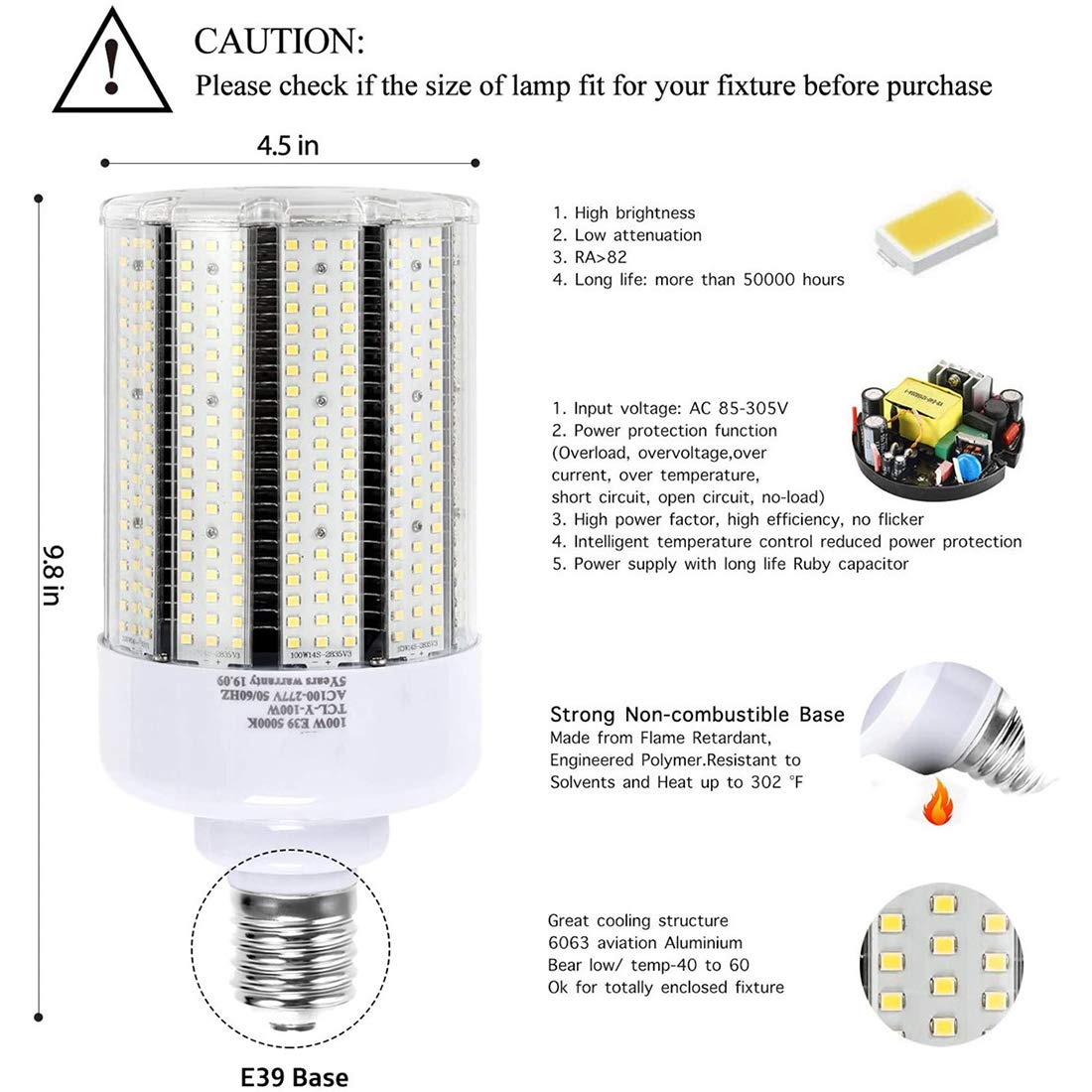 Ampoules De Maïs LED 100W Au Lieu De 400W Halogénure Métallique HPS Vapeur De Mercure Lampe CFL HID 5000K E39 Mogul Base Adaptée À L'éclairage Commercial Et Industriel,150w