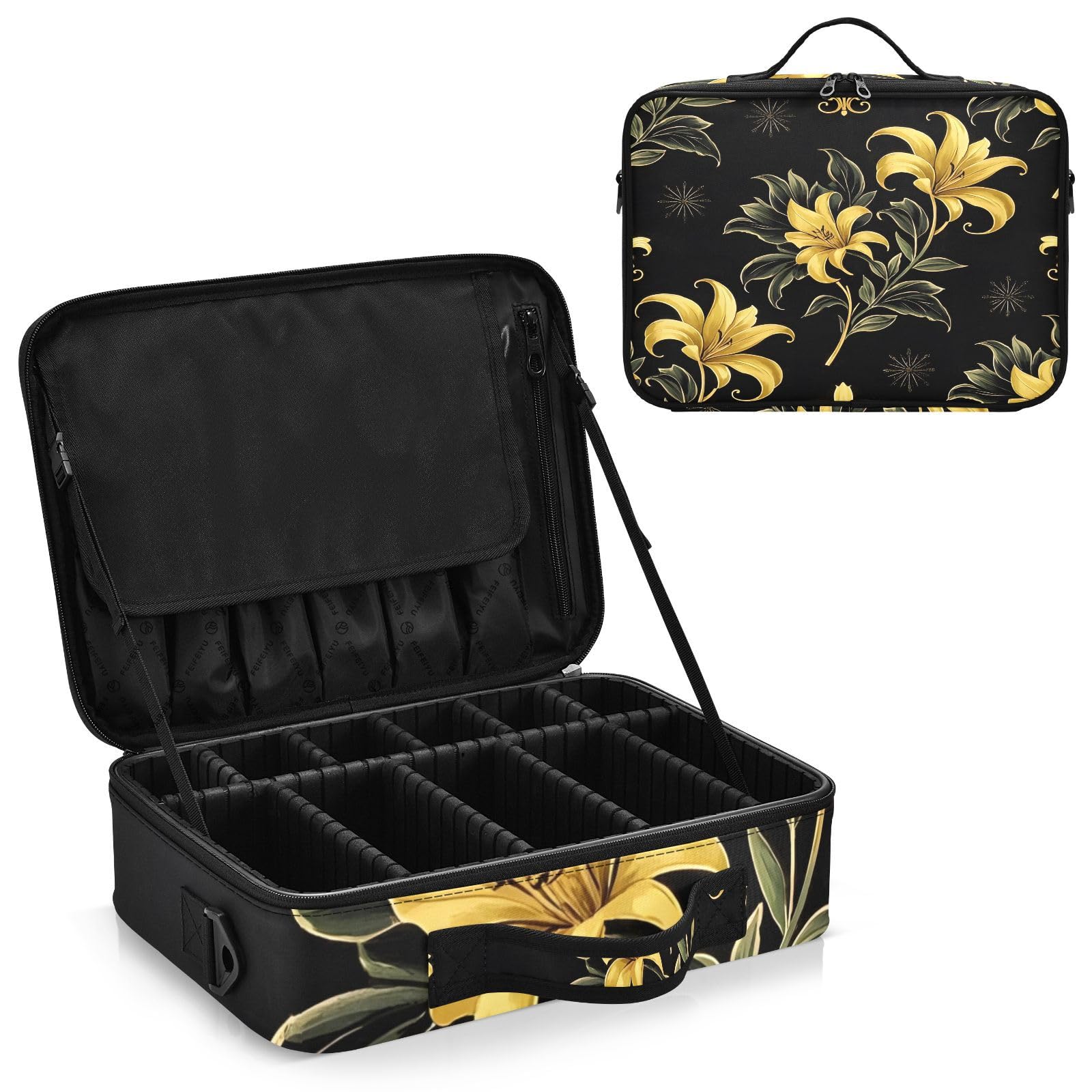 zyrtty Travel Makeup Train Case Yellow Flower Black Pattern Cosmetic Organizer Portable Storage Bag with Adjustable Dividers for Cosmetics Brushes Toiletry Jewelry Digital Accessories