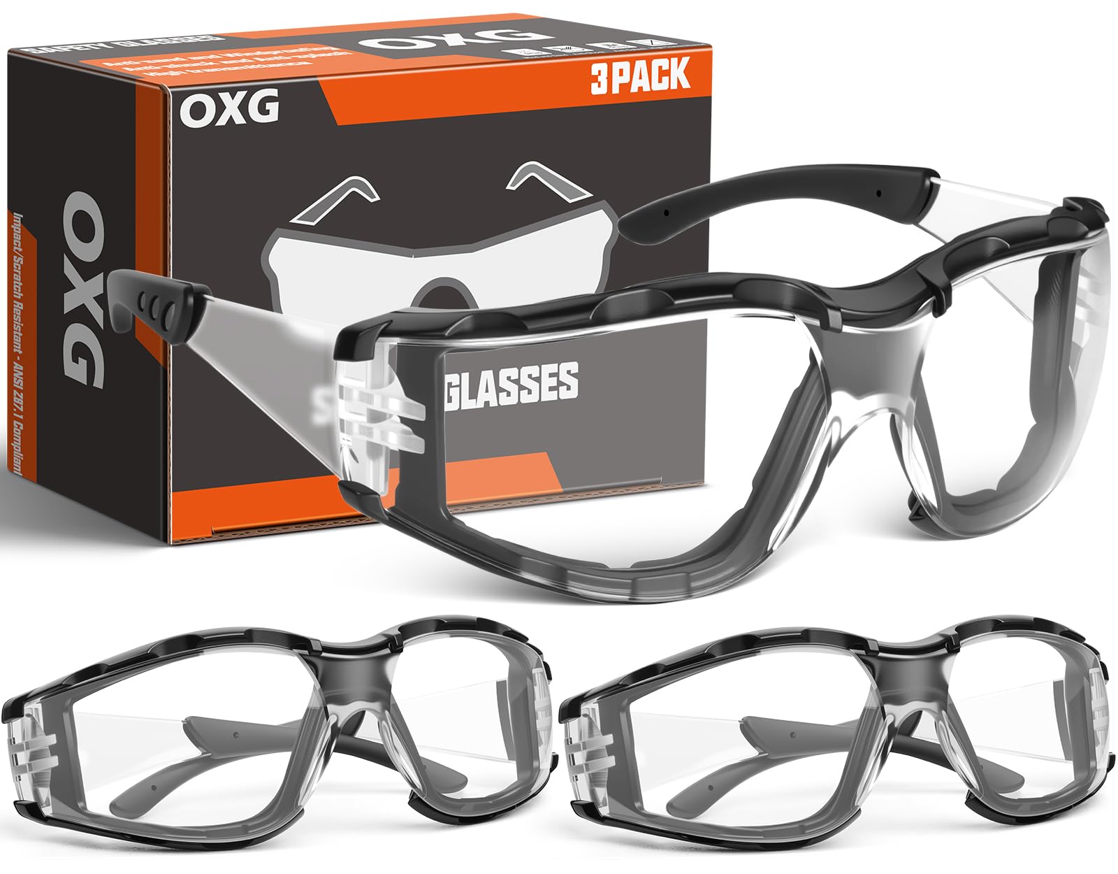 OXG ANSI Z87.1 - Occhiali di sicurezza da uomo, anti-appannamento, resistenti agli urti, con guarnizione in schiuma, protezione UV400