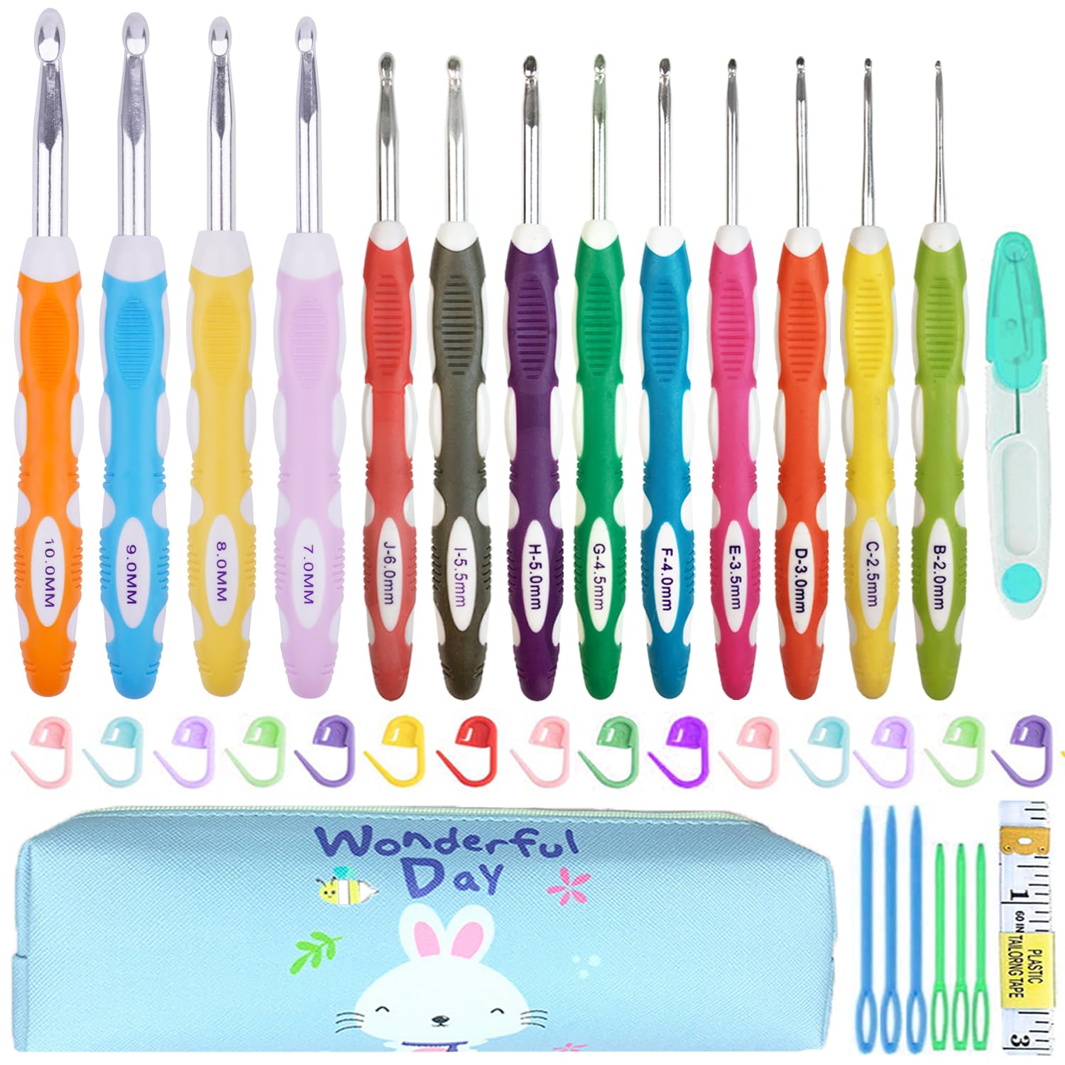 Juego de ganchos de ganchillo de 13 tamaños, juego de ganchos ergonómicos de ganchillo de 2 mm a 10 mm con funda, extralargos para manos ártricas, agujas de ganchillo de agarre suave para