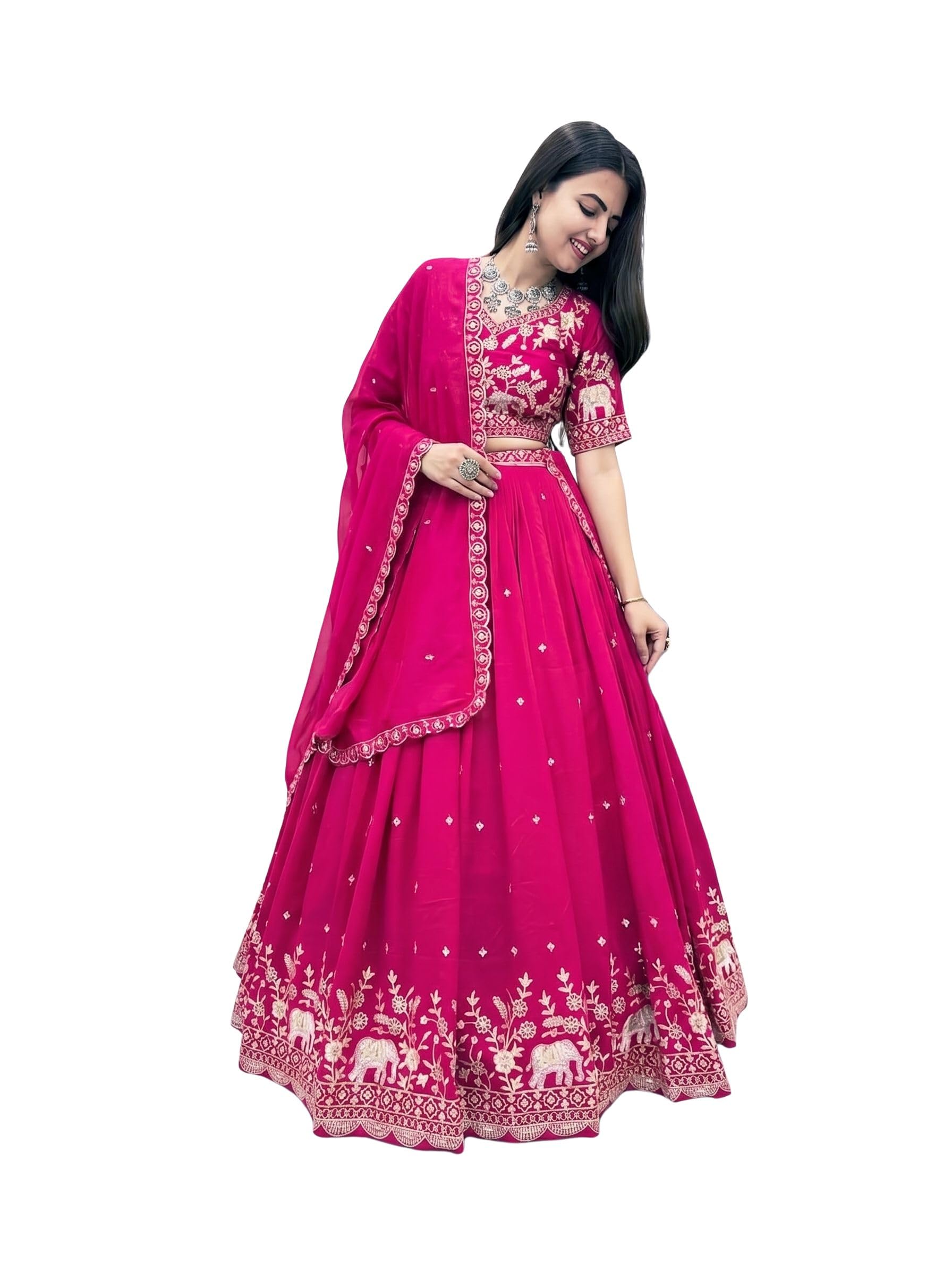 Women's Georgette Skirt And Crop Top With Long Koti Set For Solid With Embroidery Work Skirt Set-picture-29