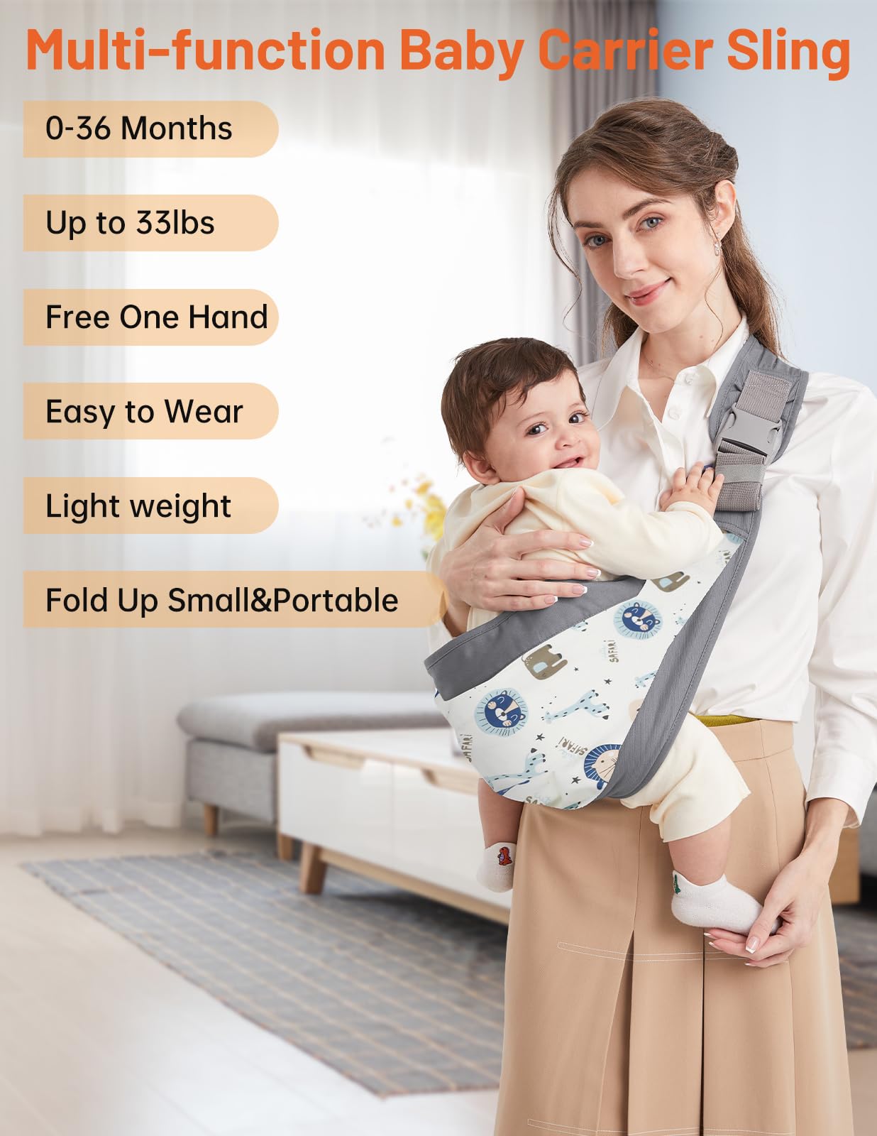 Fascia Porta Bebe, Marsupio Neonato Mumgaroo, Fascia Neonato Multifunzionale On the Go,Marsupio Neonato 0-36 mesi, Tutte le Stagioni, fino a 15kg (grigio e bianco)