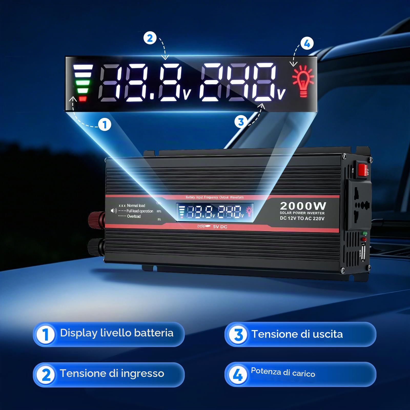 2000W Onda Sinusoidale Pura Power Inverter DC 12v in AC 220v Trasformatore Convertitore di Tensione con Display LCD Intelligente, EU Presa, porta USB e accendisigari per auto, camion, roulotte