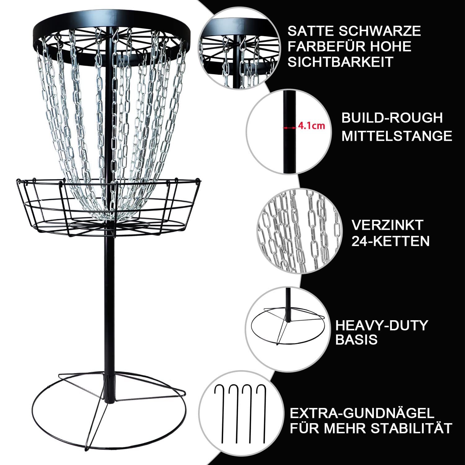 Disc Golf Basket Target - Pro 24 Ketten Tragbarer Metall Golf Torkorb mit 6 Scheiben und Tragetasche - Flying Discs Golfkörbe für Indoor & Outdoor Training Schwarz