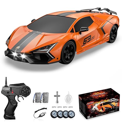 RC Drift Car, Drifting RC Car 2.4GHz 1:16 Remote Control Cars 4WD High Speed Racing Vehicle with LED Lights Two Batteries and Drifting Tires Sport Toy Cars for Adults Boys Girls Kids Orange