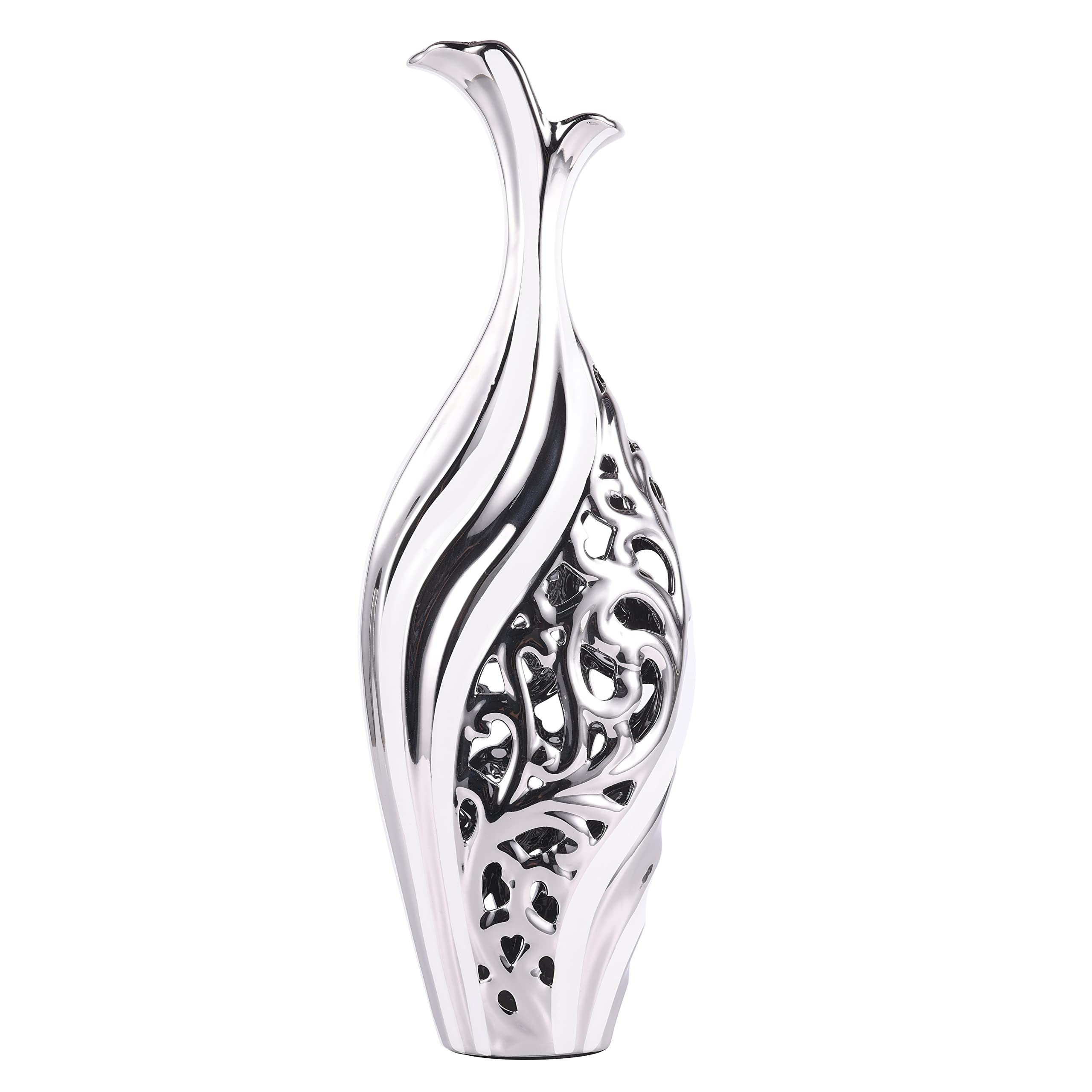 19" Floor Vase, Silver Porcelain Vase, Openwork Pottery Decorative Vase, Unique Dried Pampas Reed Flower Vase, Large Vase for Living Room Floor, Home Office, Porch Home Center Decoration