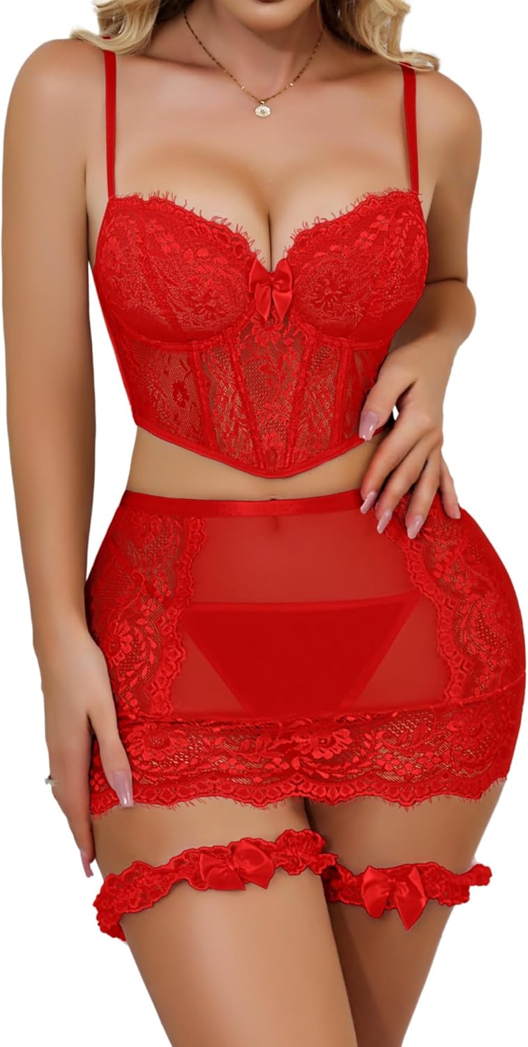 Lingerie Sets for Women Sexy Floral Lace Bralette Corset with Underwired Mini Skirt Set 4 Pieces Rave Outfits