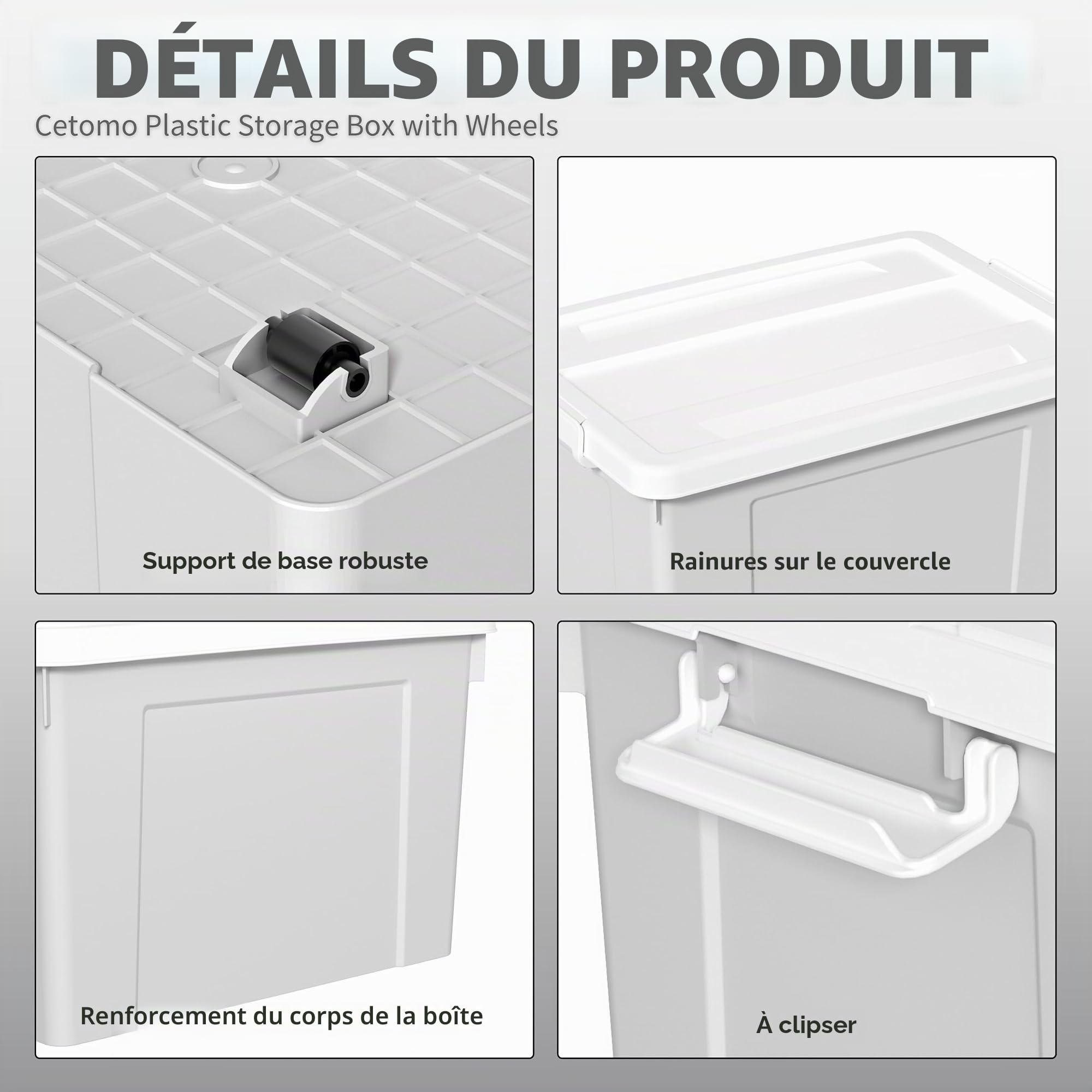 Cetomo 90L*6 Boîte de Rangement, Bac de rangement avec Poignée, Plastique Organisateur avec Couvercle, Empilable, Transportable, pour Vêtements, Bureau, Chambre, Dortoirs, Gris, 90L - Lot de 6