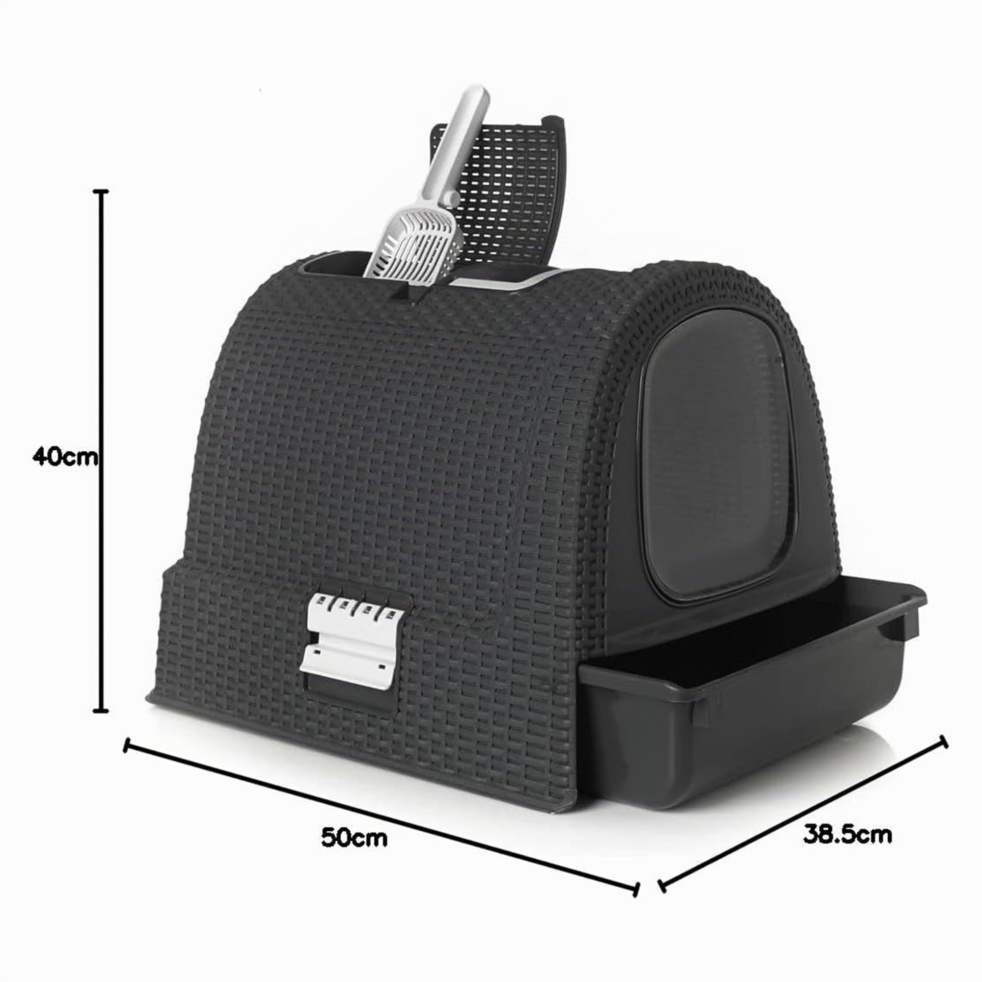 Keter Curver Lettiera per Gatto Chiusa, Finitura Effetto Rattan, Dotata di Cassetto Estraibile, Paletta Integrata e Filtro Antiodore, Colore Rattan, 51,5x38,5x40H cm