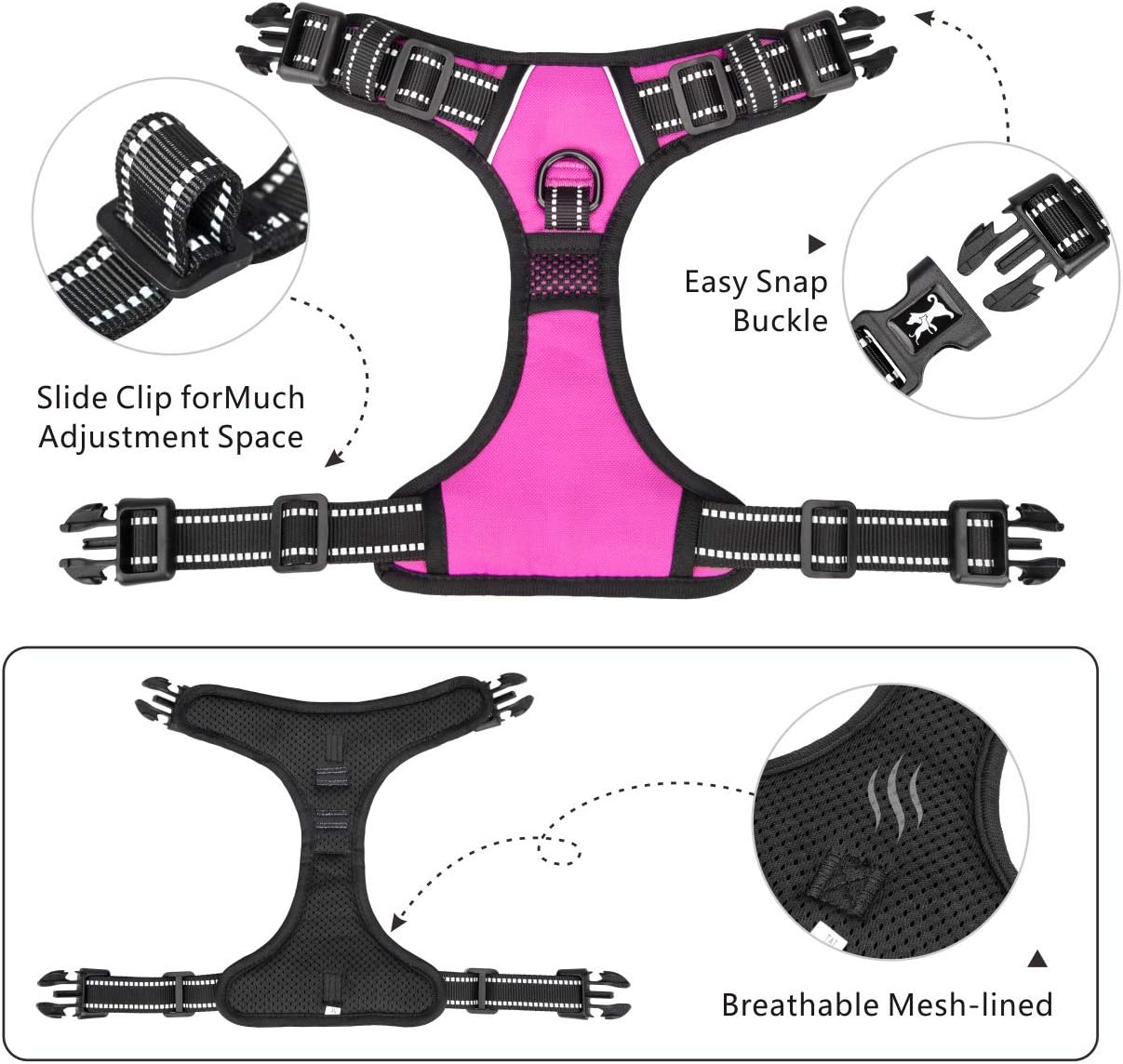 PoyPet 2019 Upgraded No Pull Dog Harness with 4 Snap Buckles, Reflective with Front & Back 2 Leash Hooks and an Easy Control Handle [NO Need Go Over Dog’s Head] (Pink,M) : Pet Supplies