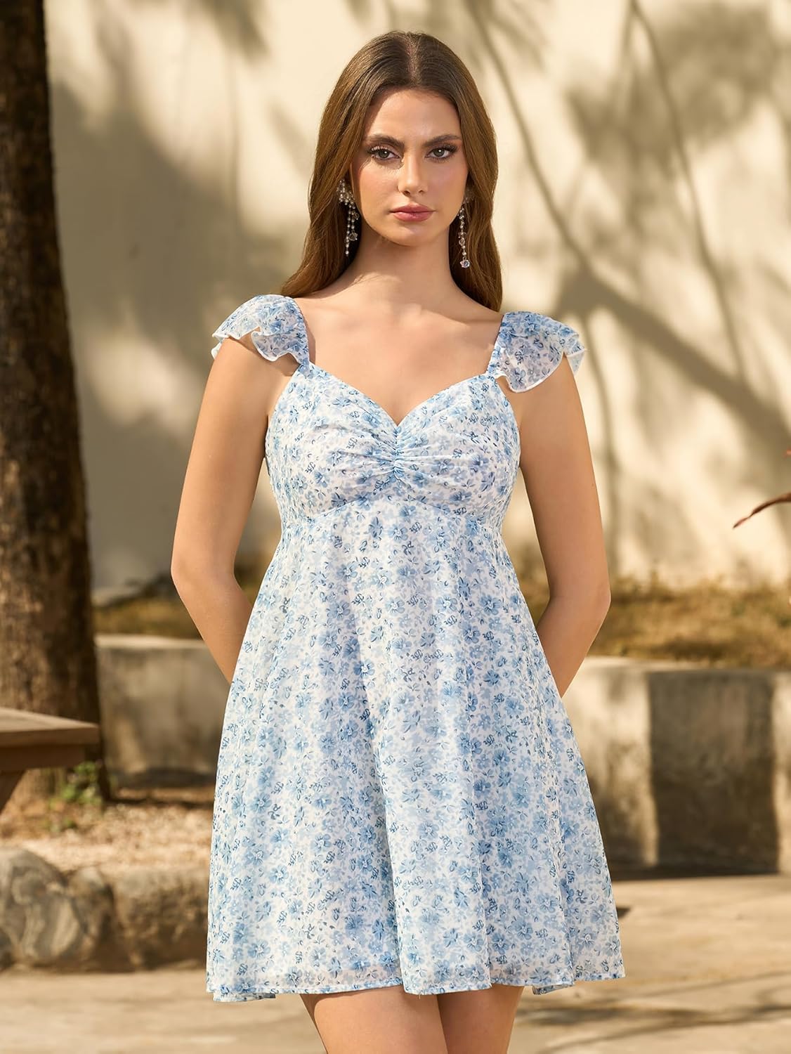 HTZMO Women Summer Floral Short Sundress V Neck Ruffle Bow Tie Sexy Backless A Line Flowy Cute Casual Beach Mini Dress 2025 - Image 4