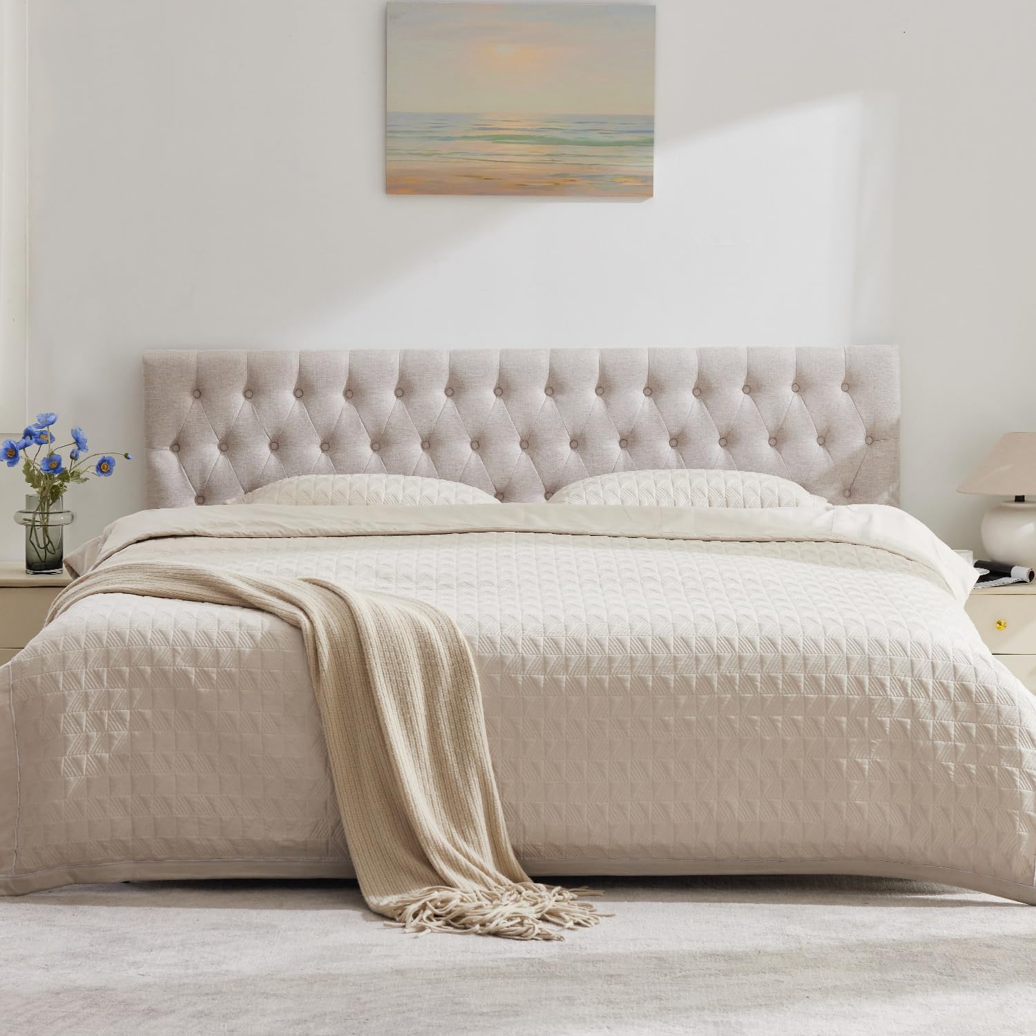 Kingfun Tufted Upholstered Queen Size Bed Headboard in Modern Button Design, Adjustable Solid Wood Head Board, Premium Linen Fabric Padded Headboards in Bedroom (Beige, Queen)