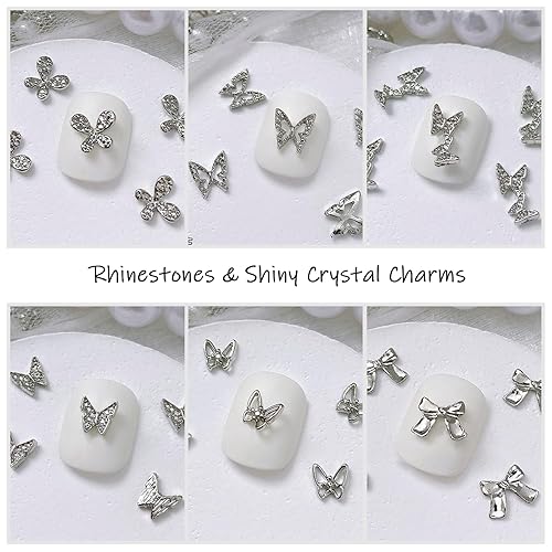 Miniatura 14 de WOKOTO 100 dijes de uñas de mariposa plateada para uñas acrílicas, joyería de mariposa 3D, joyería de uñas para uñas acrílicas, arte de mariposa 3D