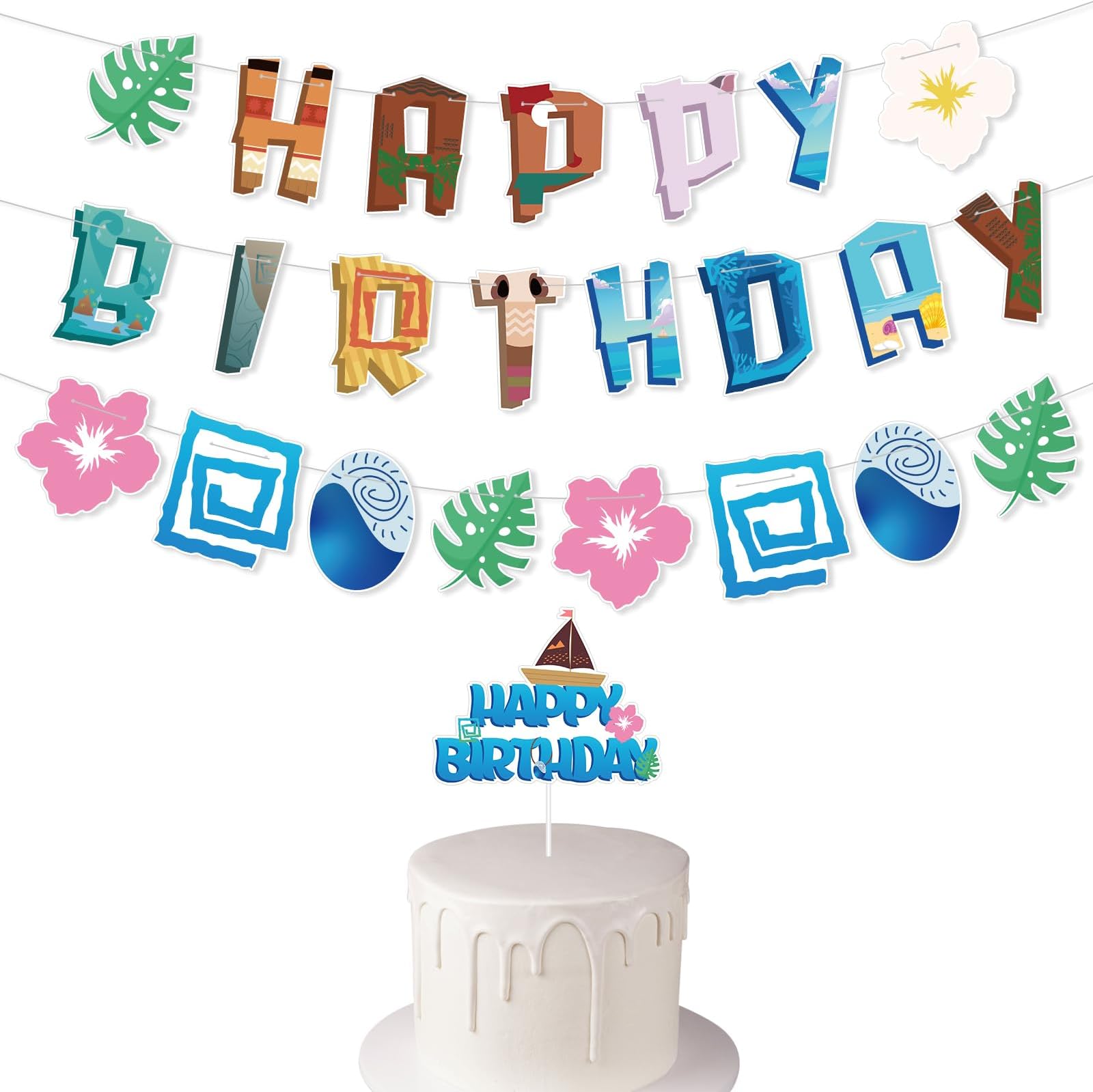 Birthday Party Decorations Set, Happy Birthday Banner & Cake Topper Happy Birthday Letter Sign Garland for Hawaiian Tropical Luau Summer Beach Party Decorations