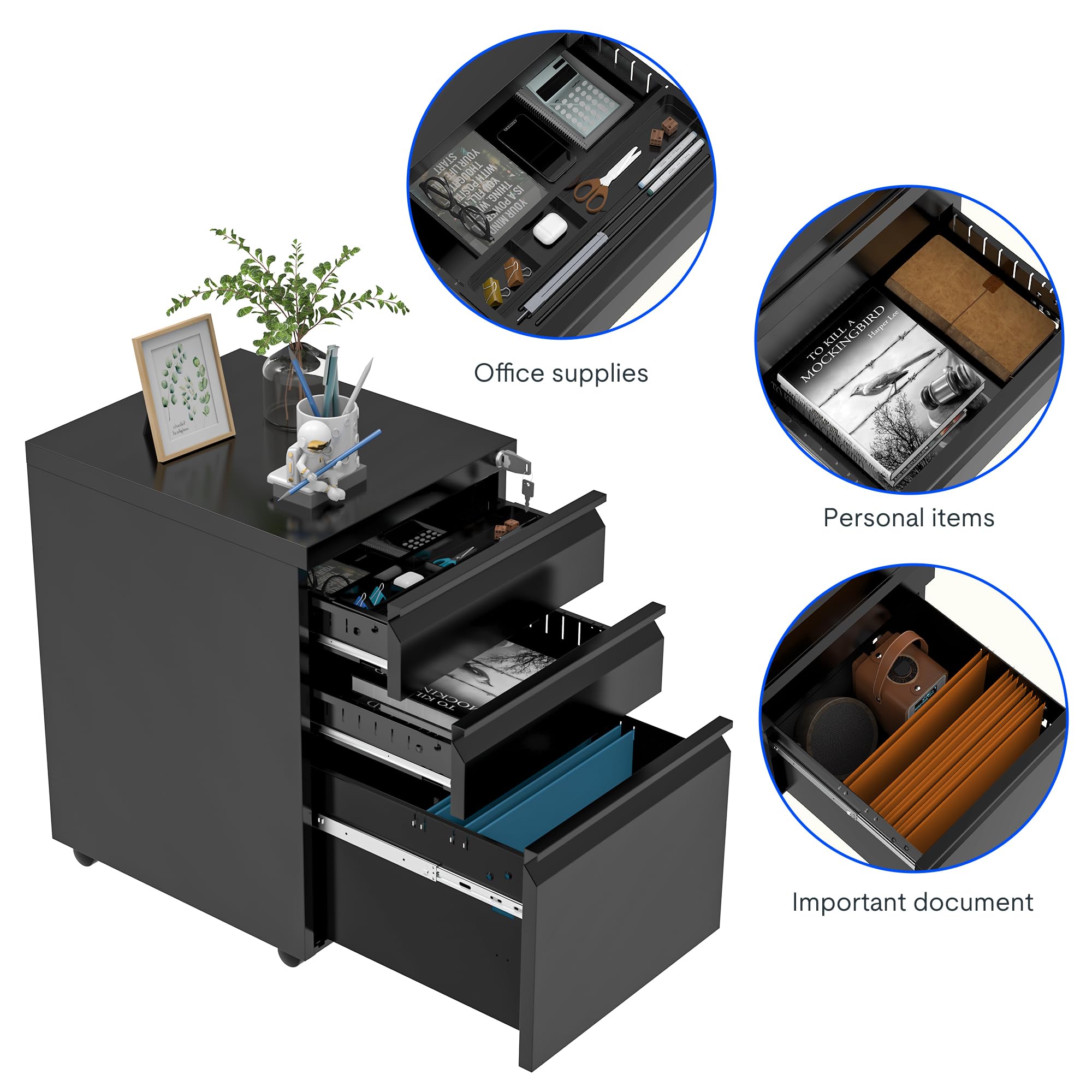FLEXISPOT CB32 Cassettiera da Ufficio Studio Scrivania, Mobiletto con Ruote per Documenti e Cancelleria, con 3 Cassetti e Serratura