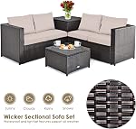 DORTALA Wicker Patio Furniture Set 4 Piece, Outdoor Sectional Couch Set with Table, Loveseat, Storage Box, All-Weather Rattan Conversation Sofa for Balcony, Porch, Backyard, Deck, Beige