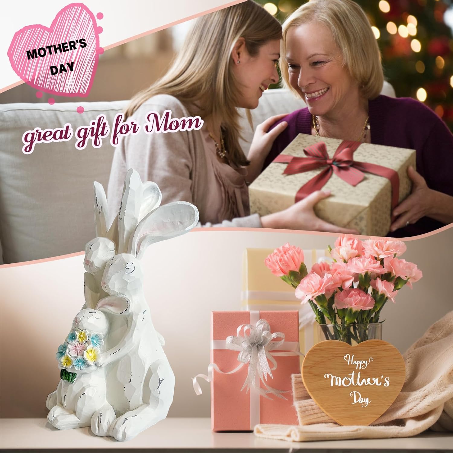 LIFFY Rabbit Figurines Home Decor - Bunny Statue for Mom, Wife, Nana, Adorable Home Decor | Unique White Bunny Family for Table Decorations