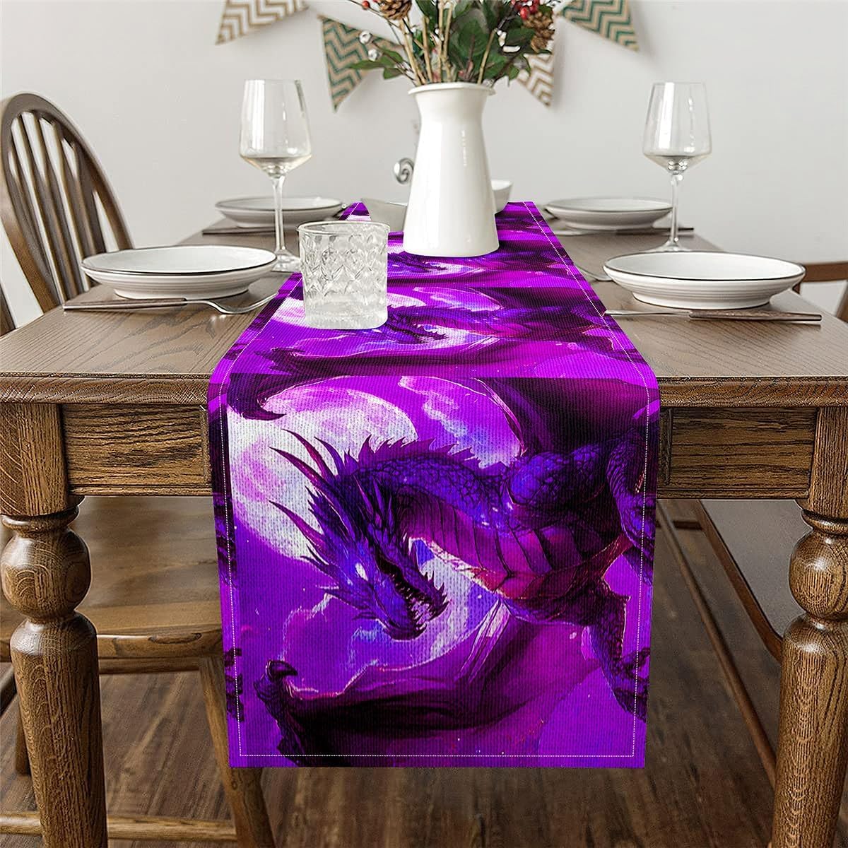 Erosebridal Purple Dragon Rectangular Runner 13x48,Violet Dragon Scales Table Runner for Kids Teens Adults,Lavender Purple Moon Table Runners,Funny Magical Ancient Animal image 2