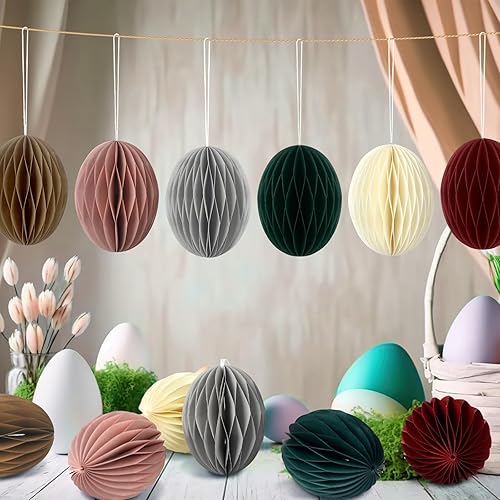 Miniatura 5 de Tenare 24 piezas de adornos de huevos colgantes de Pascua, centros de mesa de panal de abeja 3D, pompones de papel de panal para guirnalda, fiesta
