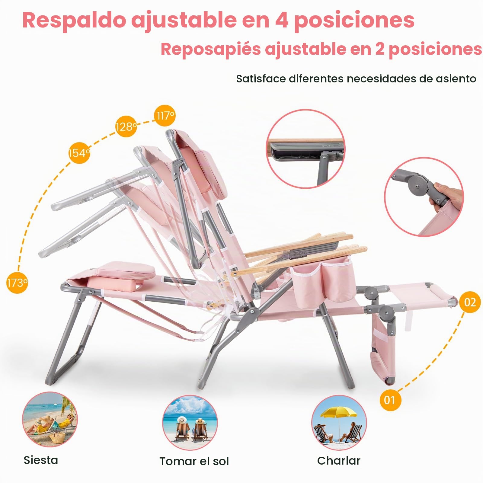 KOMFOTTEU Silla de Playa Reclinable con Agujero para Cara, Tumbona Plegable con Respaldo Ajustable de 4 Posiciones y Reposapiés de 2 Posiciones, Tumbona Jardín Exterior Baño de Sol (Rosa)