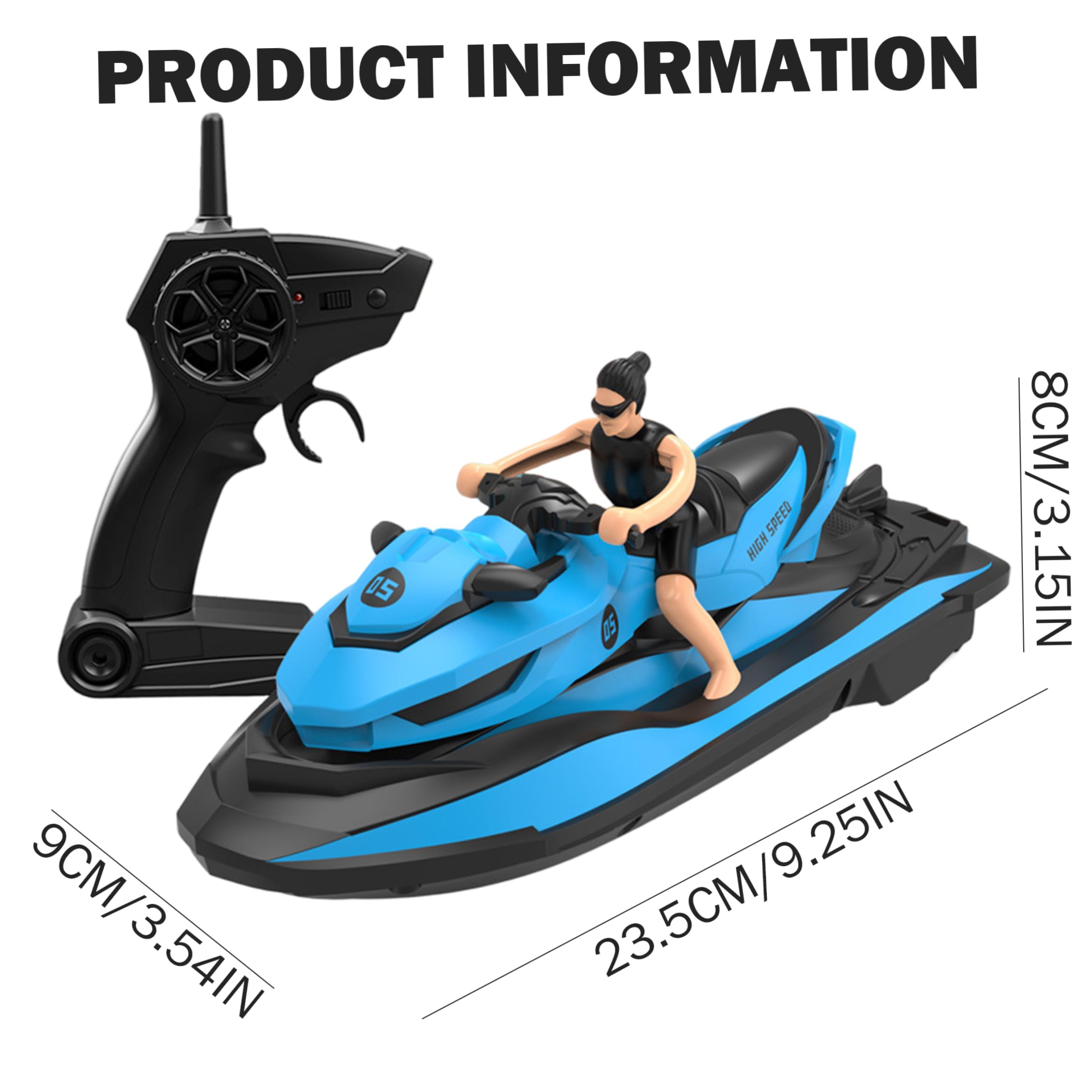 Barca telecomandata ad alta velocità per bambini con 2 batterie, con figura – Barca telecomandata impermeabile da 2, 4 GHz per bambini, Blu cielo
