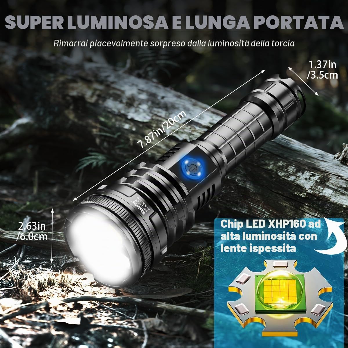 Torcia LED Potente Professionale 90000 Lumens, USB Ricaricabili XHP160 Militare Torcia Elettrica Impermeabile Regolabile Focus 5 Modalità di Illuminazione per L'emergenza in Campeggio