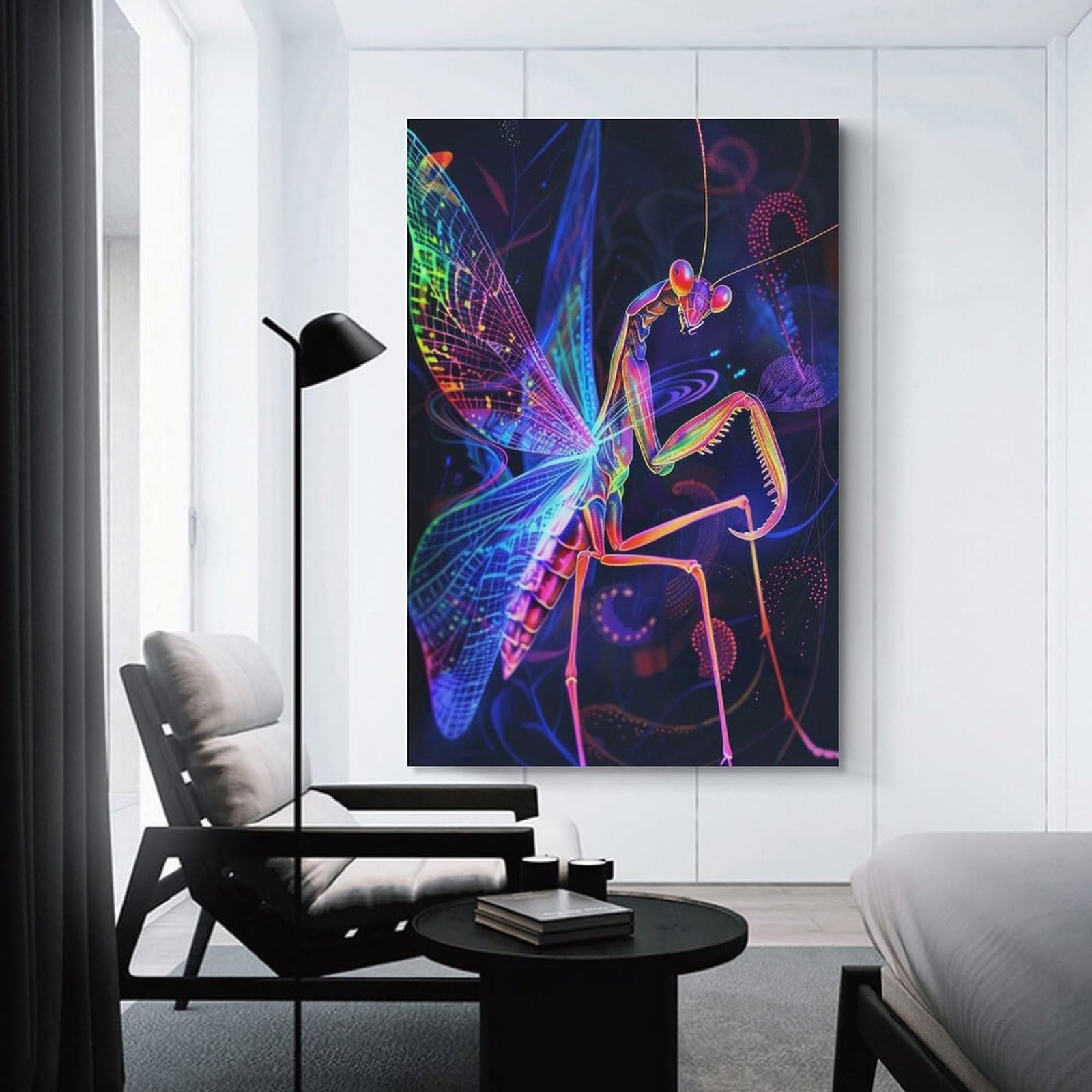 Junmoney Canvas Wall Art Neon Praying Mantis, 20x30inch(50x75cm), for Gallery Wall Decor And Room Displays, Decorative Artwork with Flexible Styling