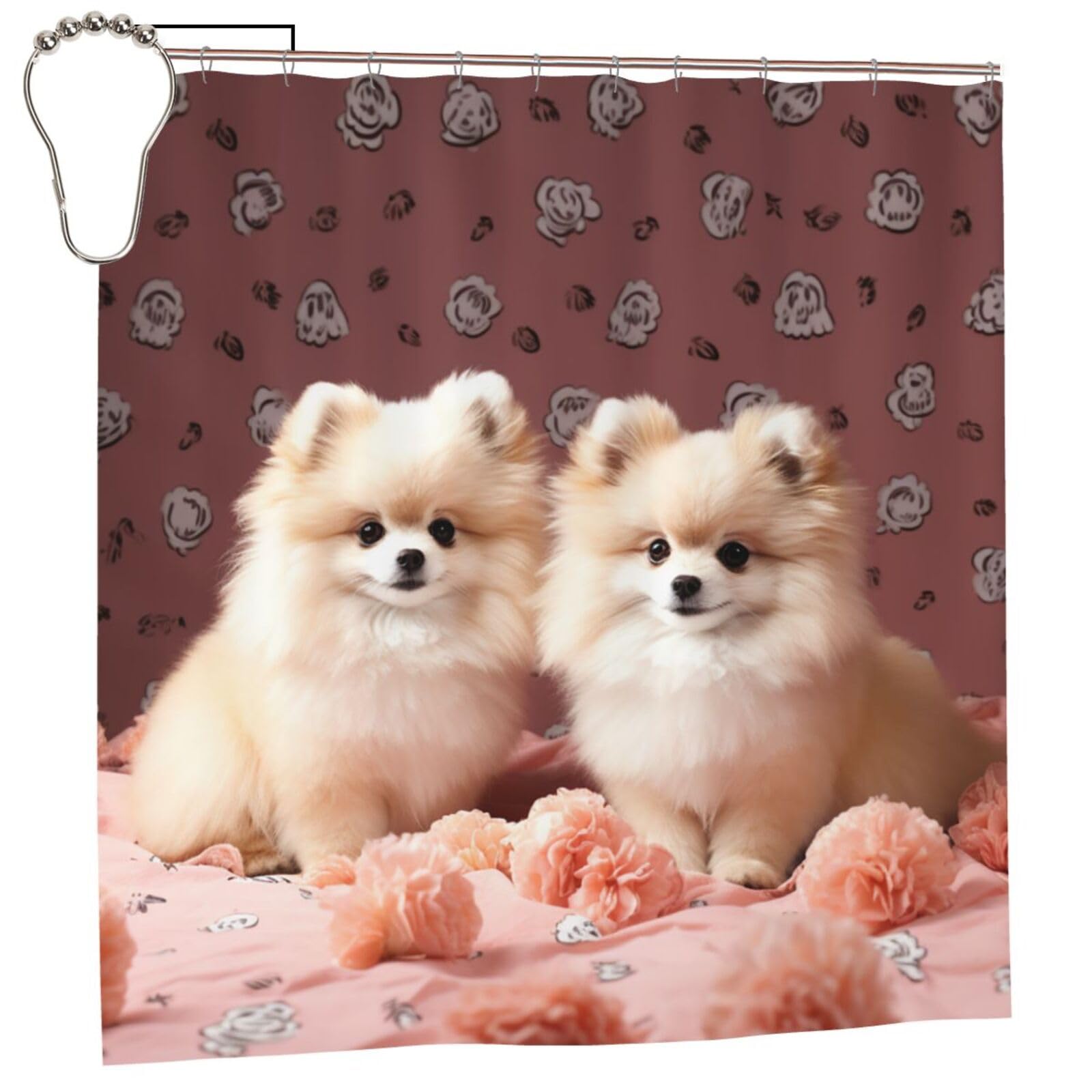 FodPand Pomeranians Puppies and Point Shower Curtain 70"x70" Waterproof Long Bathroom Curtain Heavy Duty Thick Cloth Bath Curtain Set with Hooks, Modern Abstract Art Pattern Bathroom Shower Curtains