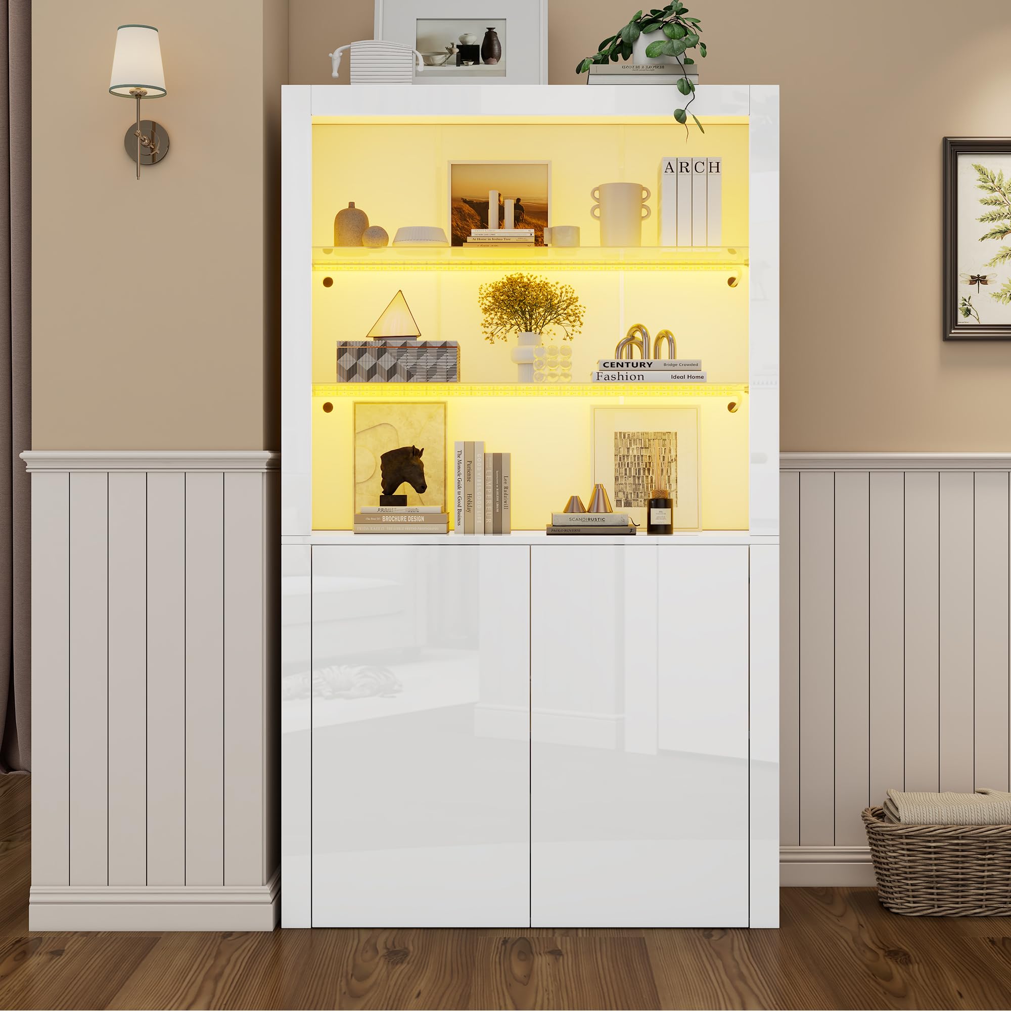 SUKY Armario de almacenamiento para sofá de 100 x 35 x 170 cm, armario de almacenamiento de alto brillo, armario de vitrina con luces LED, capa de pantalla de cristal templado, armario vertical alto