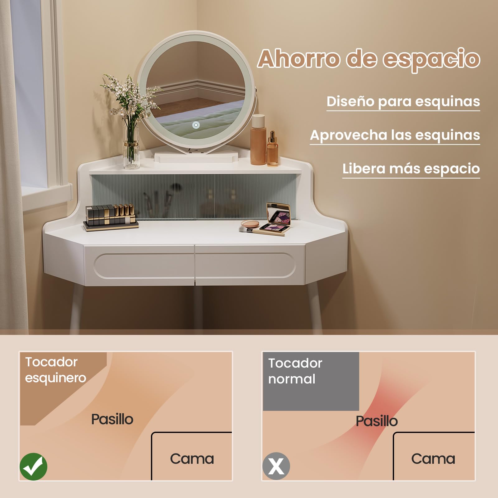 WOLTU Tocador con Espejo, Luz Regulable, Tocador Maquillaje con 2 Cajones, 1 Compartimento con Puertas de Cristal, Patas de Metal, Blanco, MB6119ws