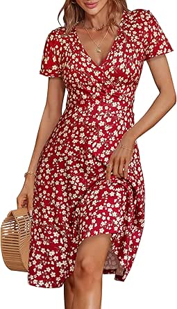 MSBASIC Summer Dresses for Women 2024 Short Sleeve V Neck Wrap Dress Casual Midi Sundresses