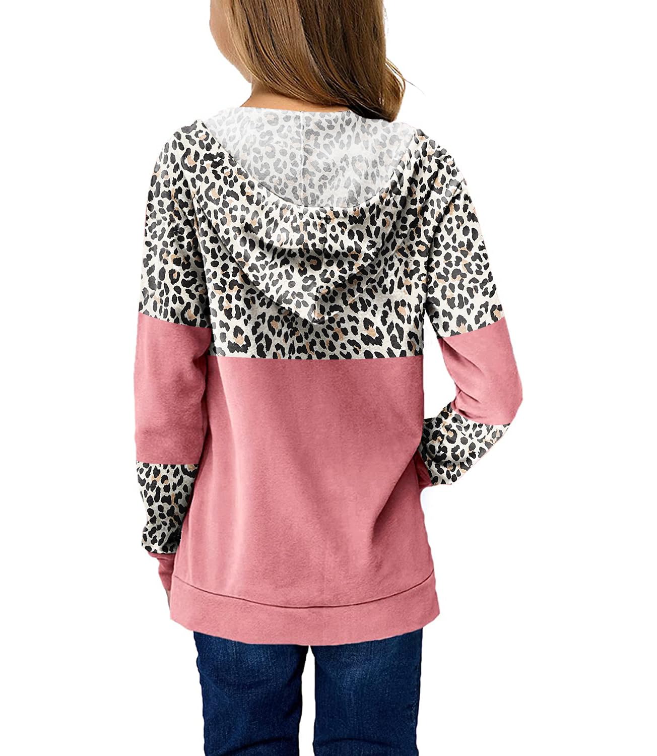 Haloumoning Sudadera con capucha para niñas de 4 a 15 años con estampado de leopardo y bolsillos