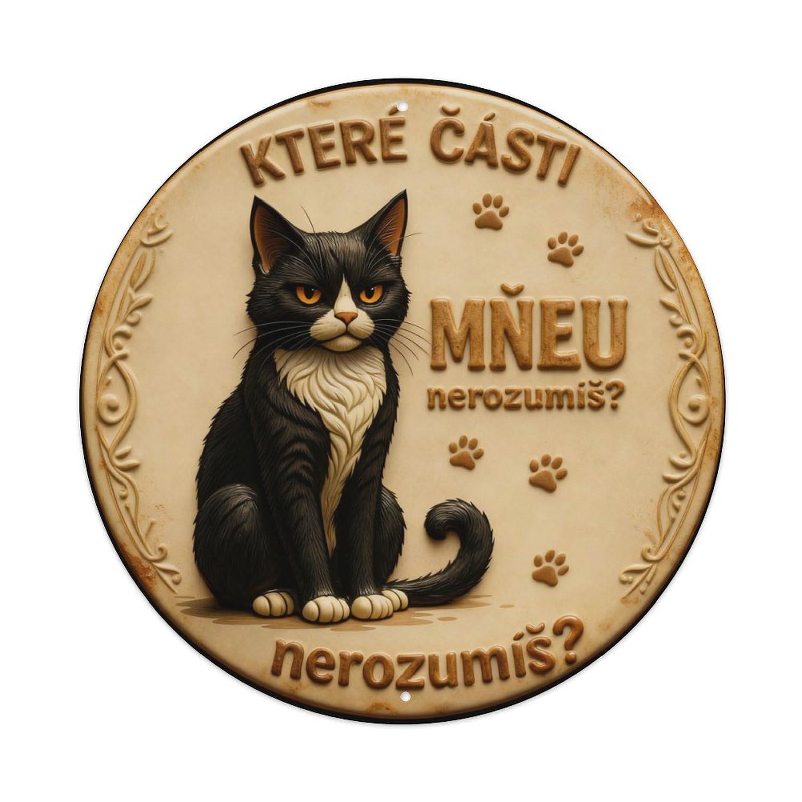 Cat Paw Print Pattern Background Text Round Metal Tin Sign Vintage Wall Decor, Bar Garage Cafe Kitchen Home Wall Art Poster 8x8inches