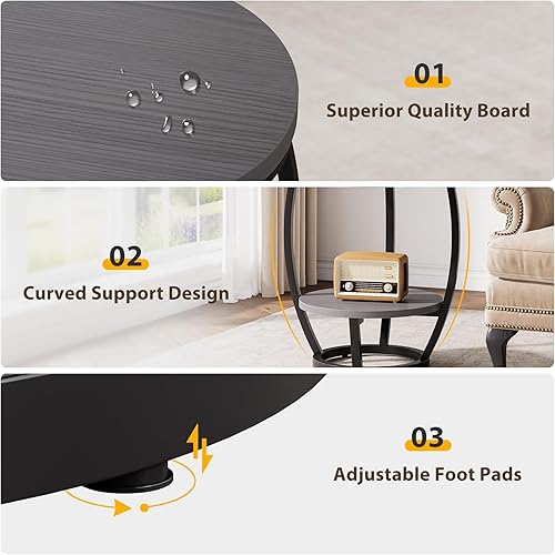 Miniatura 8 de Juego de 2 mesas auxiliares redondas, mesa auxiliar industrial de 2 niveles, mesita de noche con marco de metal, mesita de noche con estantes de