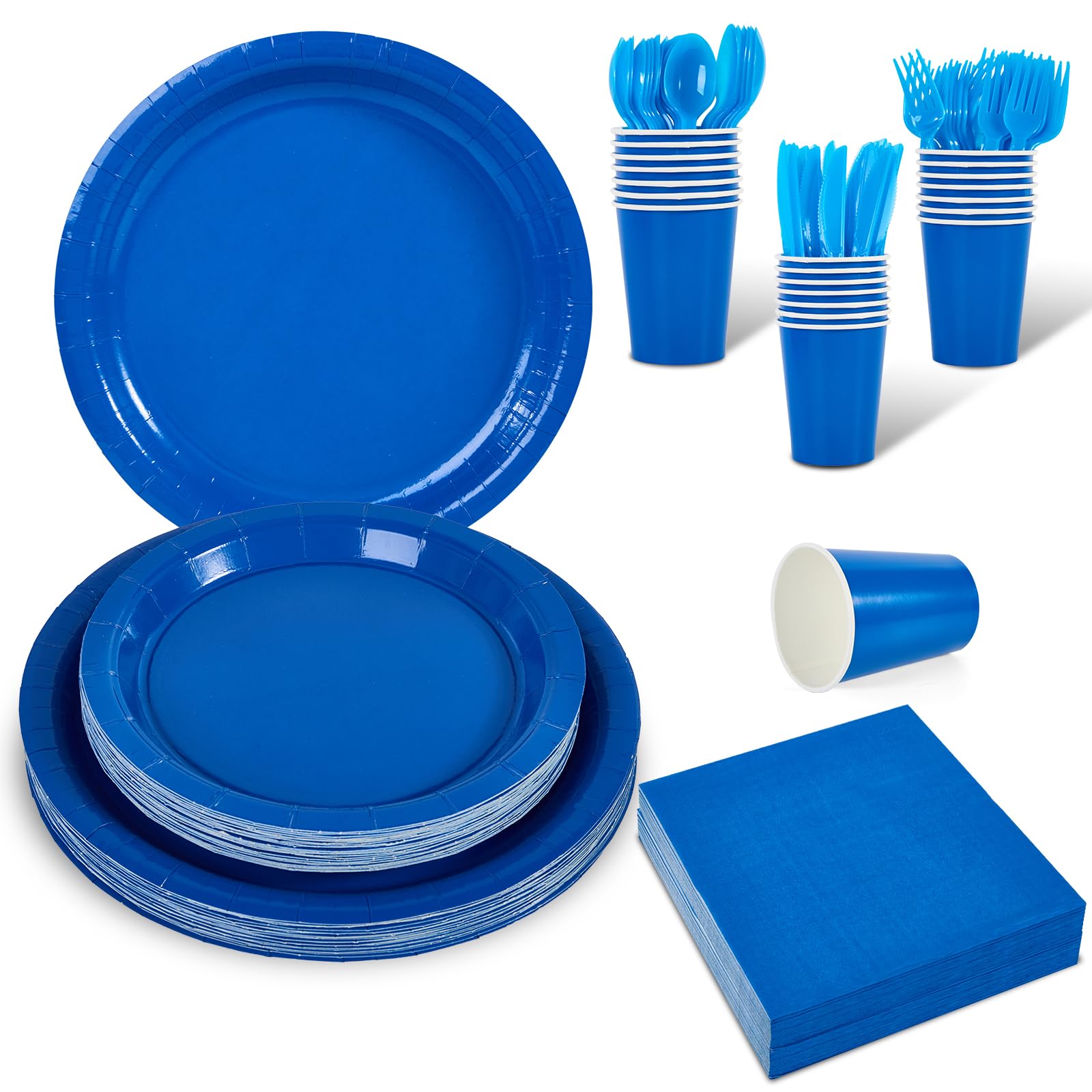 Ottin 169PCS Roayl Blue Party Supplies for 24 Guests – Disposable Paper Plates, Napkins, Cups, Forks, Knives, Spoons & Tablecloth for Birthday,