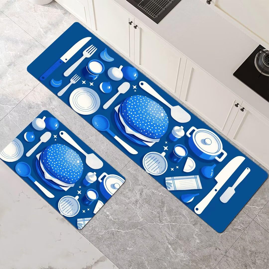 Alfombras cocina lavables azul y alfombra baño de secado rápido 2 piezas