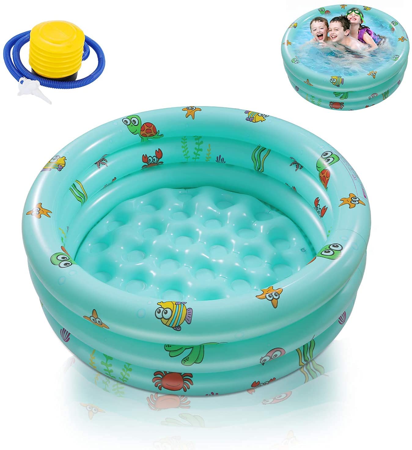 Paddling Pools for Kids, Inflatable Kiddie Swimming Paddling Pool Ocean Life 3 Ring with Inflatable Safety Floor and Free Air Pump for Family Toddlers Children Garden Outdoor Swimming Pool(100*27cm)