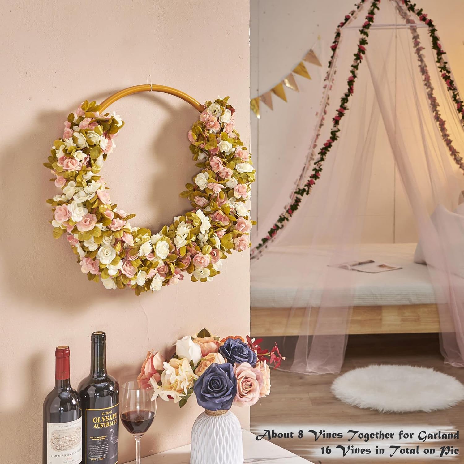 PONKING 8 Pcs x 8.2 ft Flower Garland Artificial Rose Vine Flowers with Green Leaves Hanging Fake Roses Vine for Room Party Home Wedding Birthday Christmas Wall Arch Decor, Pink White Flower