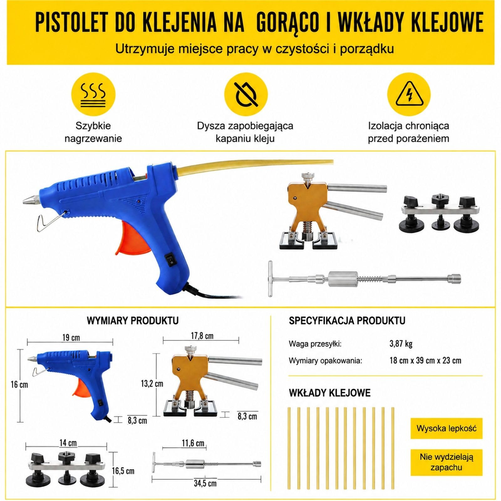 Zestaw do naprawy wgnieceń samochodowych 89 elementów z wyciągaczem, mostkiem, młotkiem ślizgowym, pistoletem do kleju, panelem LED, gumą, aluminium i plastikiem do metalowych powierzchni