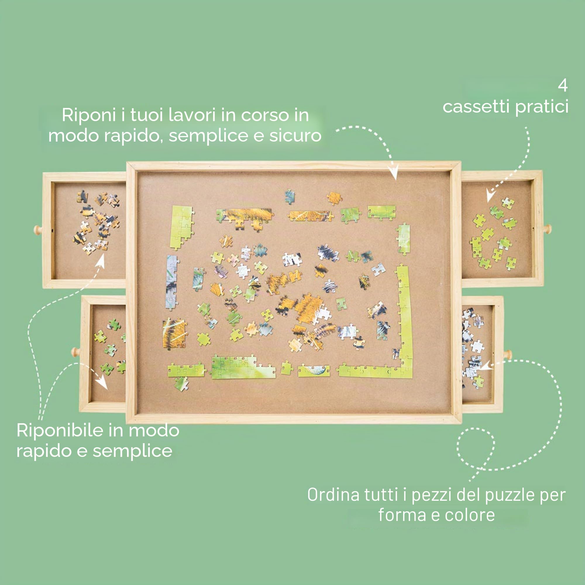 Mediashop Tavolo puzzle fino a 500 pezzi – con 4 cassetti estraibili – tavola puzzle portatile in legno – facile da polvere – adulti e bambini