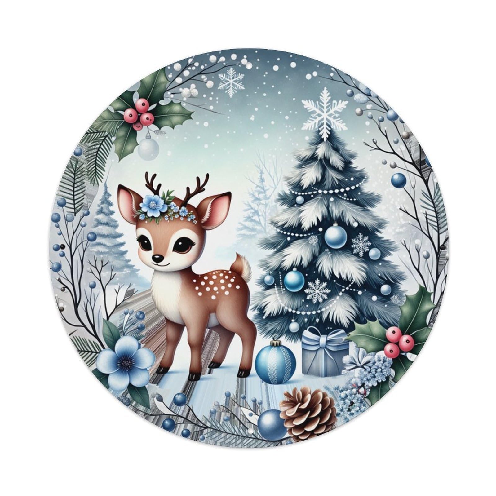 Christmas Deer Tree Snowflake Holly Round Tin Sign Retro Metal Sign for Cafe Bar Pub Home Game Room Gym Club Wall Decoration Vintage Metal Poster 8x8 Inch