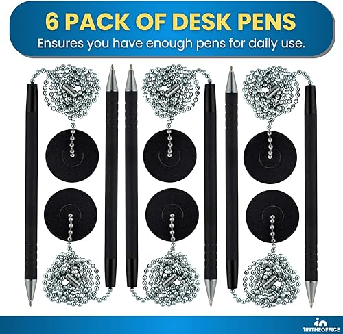Miniatura 6 de 1InTheOffice Bolígrafo con cadena, bolígrafo de seguridad para mostrador, soporte para bolígrafo con cadena para escritorio, negro, paquete de 6