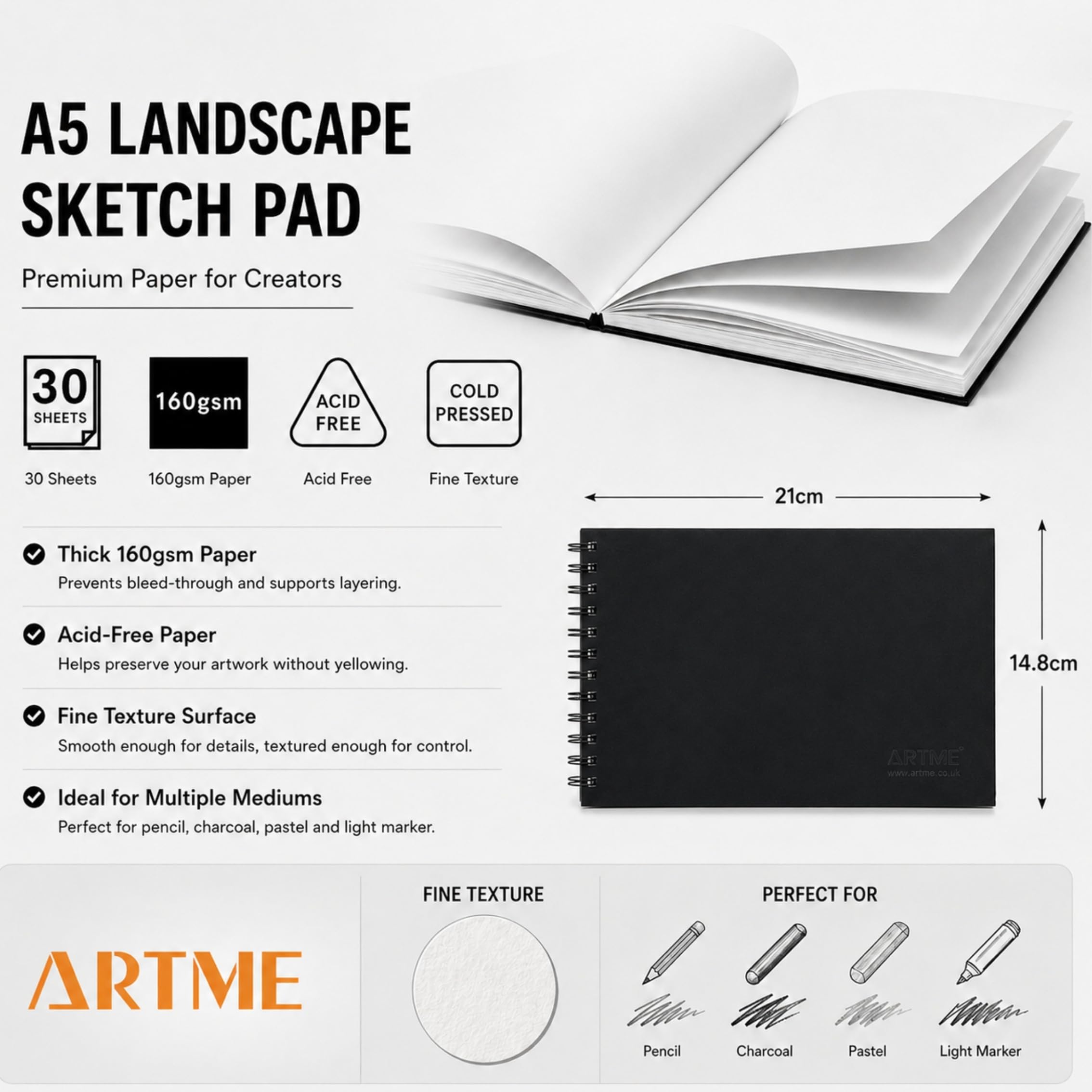 Artme Bloc de bocetos A5, 2 piezas, 30 hojas (160 g/m²), cuaderno de bocetos encuadernado en espiral