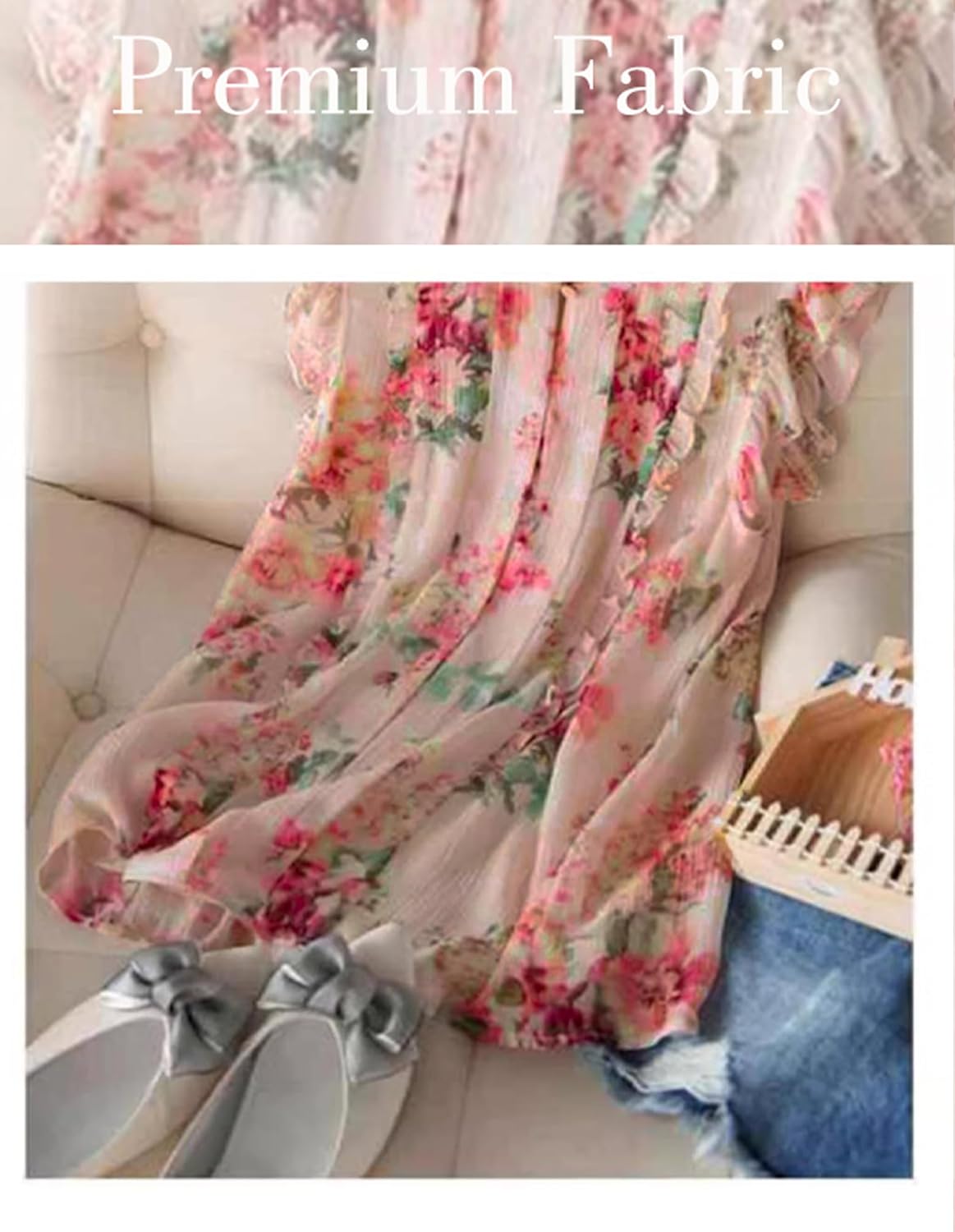 Women's Summer Chiffon Top Button Deep V Neck Ruffle Trim Sleeveless Printed Flowy Dressy Casual Blous - Image 5